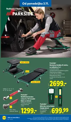 ParksideⓇ Montažna ležaljka ili stolica za radionicu 2 u 1, 6 okretnih točkića, Sa tapaciranom površinom za glavu, Dimenzije kao ležaljka: cca 91 x 41 x 12 cm (D x Š x V), Dimenzije kao stolica: cca 46 x 41 x 37 cm (D x Š x V) - pregled Lidl kataloga - važi od 30.10.2025 | Strana: 76 | Proizvode: Parkside, Ležaljka, Stolica, Lampa