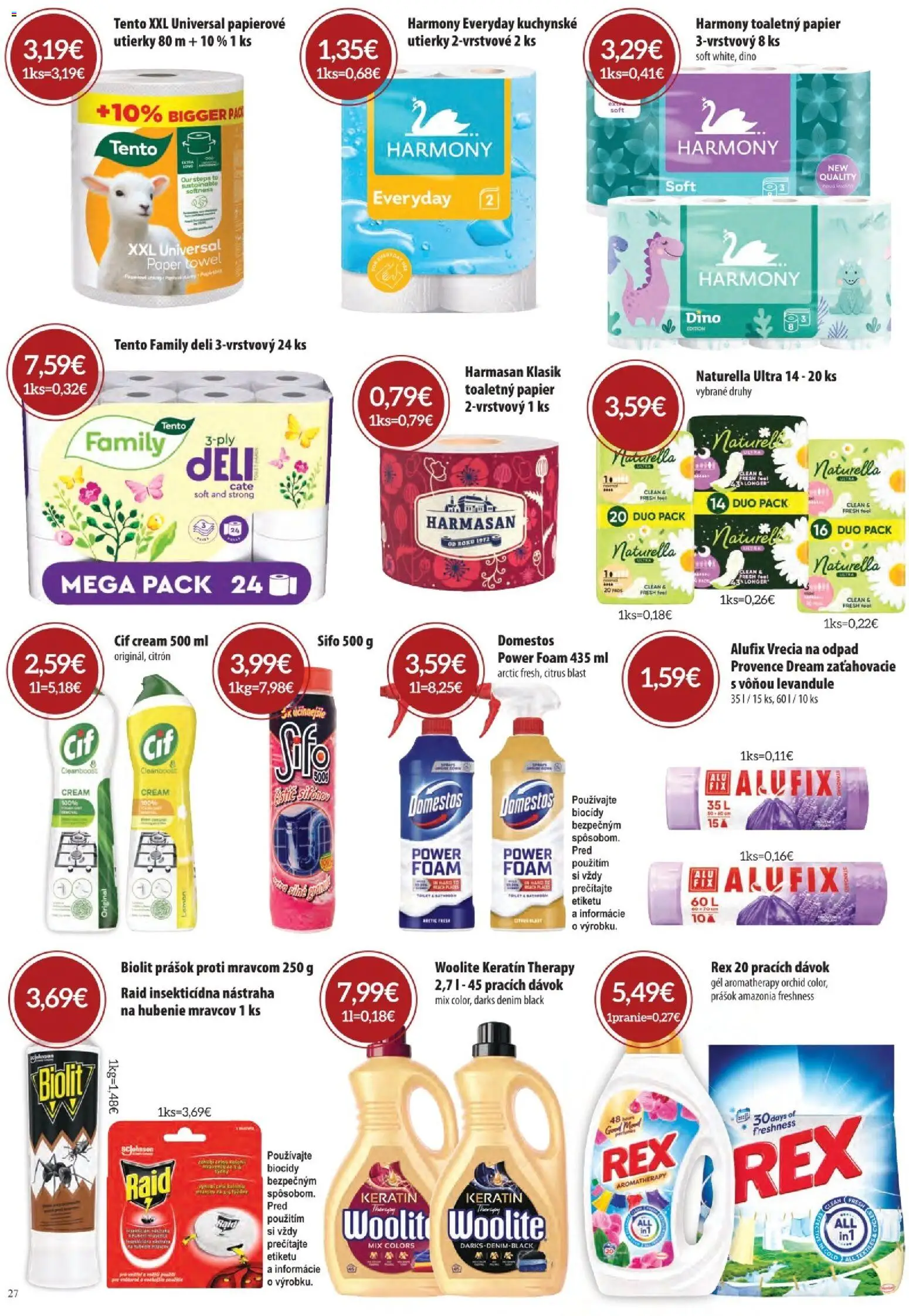 Nové CBA Komfos akcie – leták je platný od 07.05.2026 | Strana: 27 | Produkty: Toaletný papier, Cif, Raid, Domestos