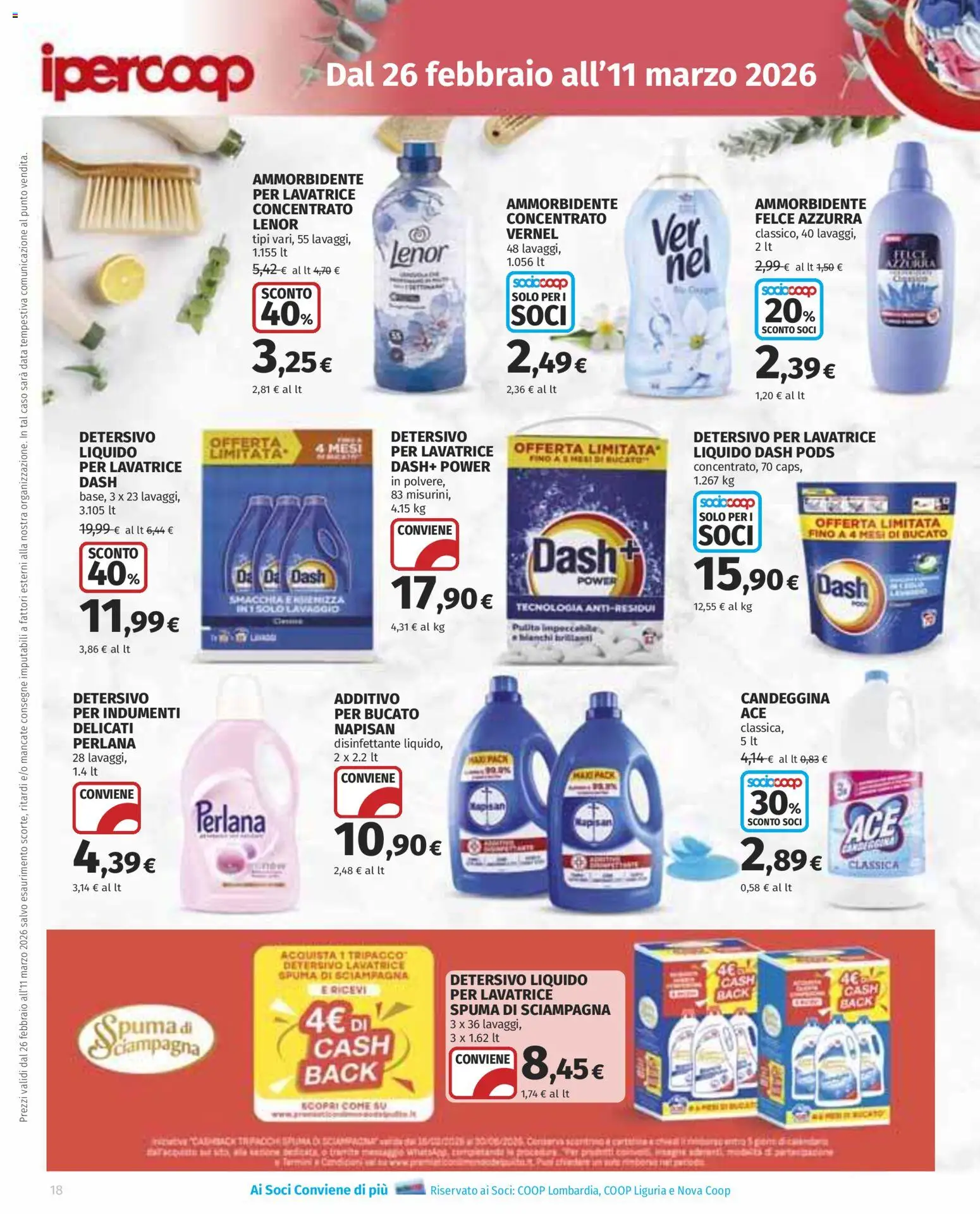 Volantino Ipercoop del 26.02.2026 | Pagina: 18 | Prodotti: Ammorbidente, Candeggina, Lavatrice, Data