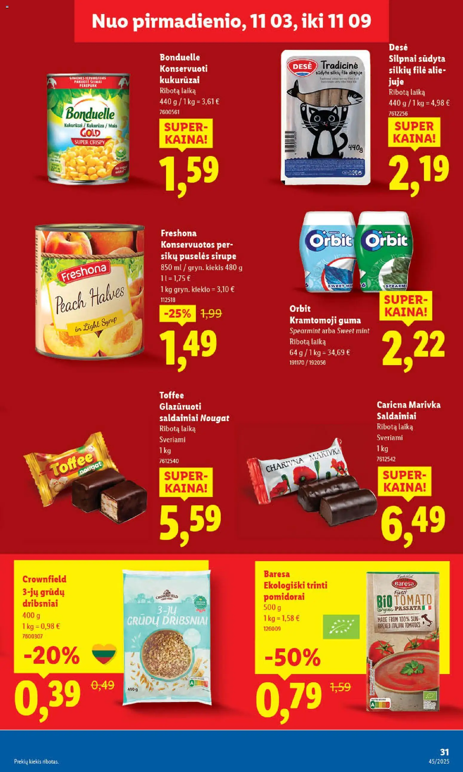 LIDL akcijos nuo 03.11.2025 | Puslapis: 41 | Prekių: Kukurūzai, Pomidorai, Saldainiai, Dribsniai