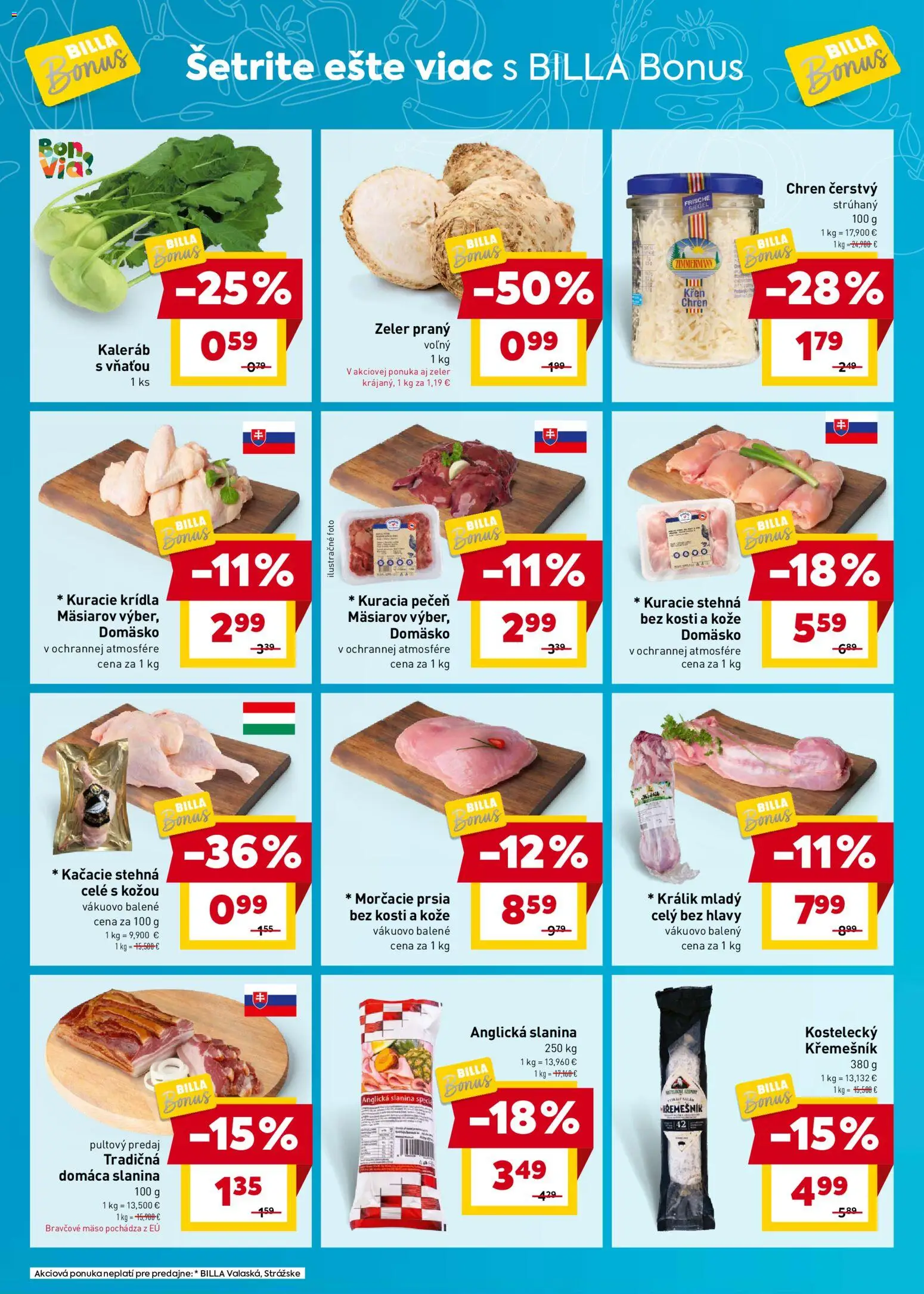 Nové Billa akcie – leták je platný od 26.11.2025 | Strana: 2 | Produkty: Kačacie stehná, Kuracie stehná, Kuracie krídla, Zeler