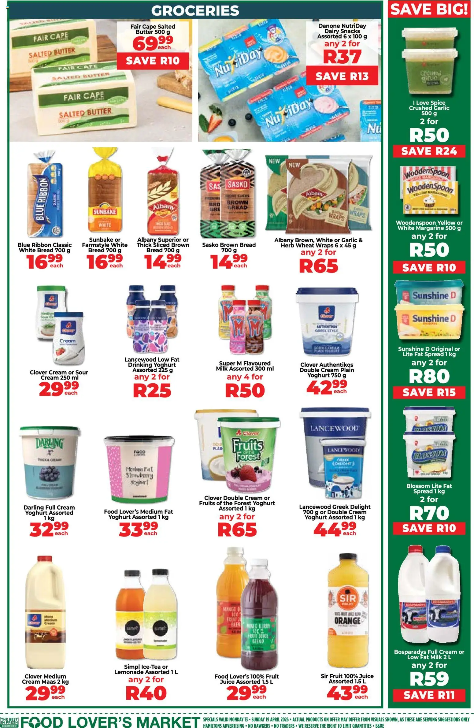 New Food Lover's Market catalogue – valid from 13.04.2026 | Page: 3 | Products: Milk, Bread, Snacks, Fat spread