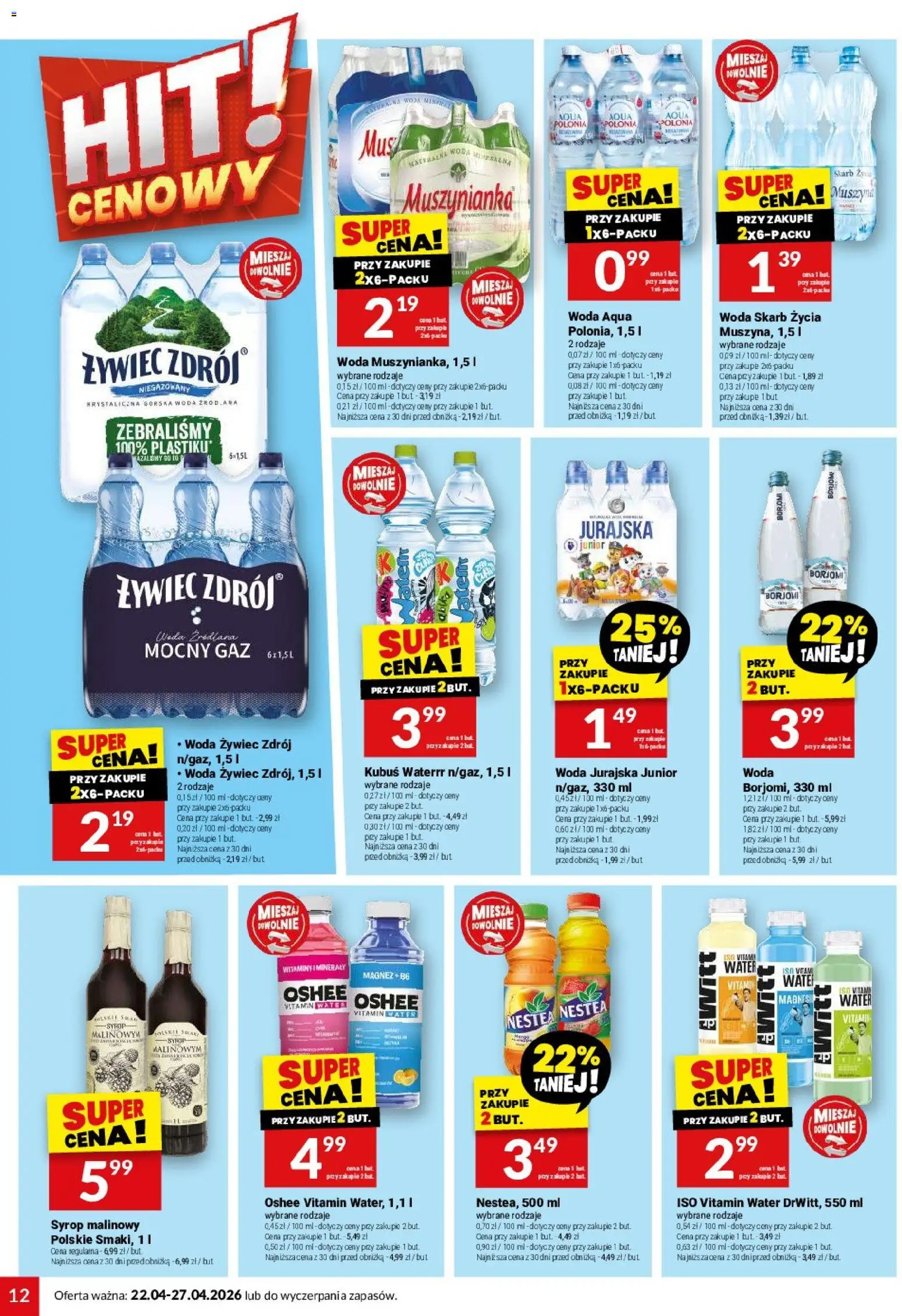 Twój Market gazetka od 22.04.2026 | Strona: 12 | Produkty: Syrop, Woda żywiec, Syrop malinowy, Woda