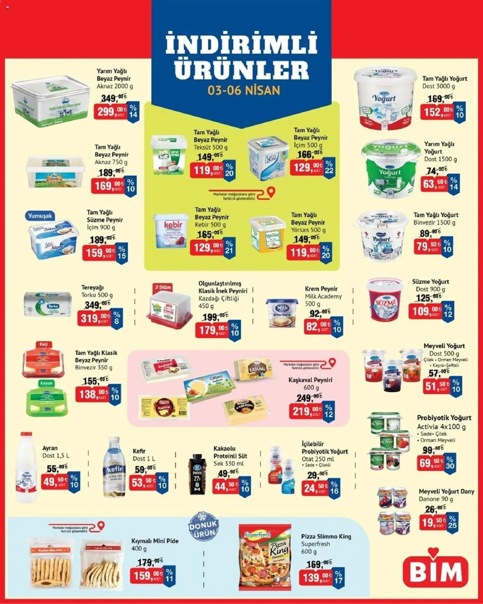 BİM - İndirimli Ürünler - 03.04.2026 tarihinden itibaren geçerlidir | Sayfa: 4 | Ürünler: Süt, Tereyağı, Pizza, Süzme peynir