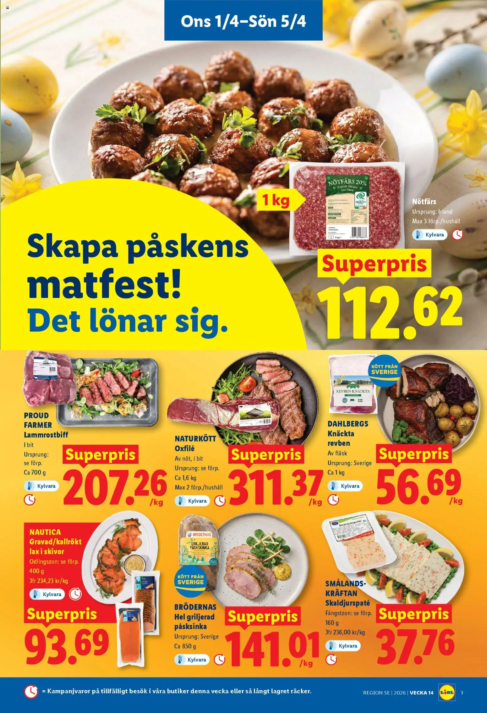 Lidl reklamblad aktuell från 01.04.2026 | Sida: 3 | Produkter: Nötfärs, Lax, Oxfilé, Fläsk