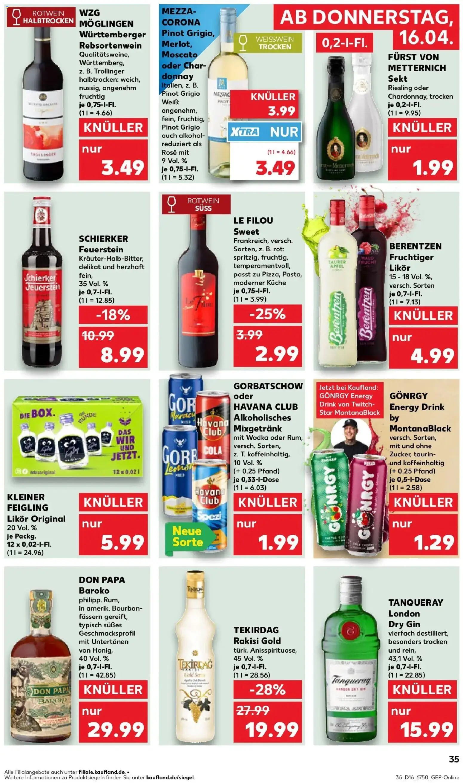 Kaufland Prospekt Werder (Havel)	 – gültig ab 16.04.2026 | Seite: 35 | Produkte: Furst von metternich, Le filou, Weißwein trocken, Gin