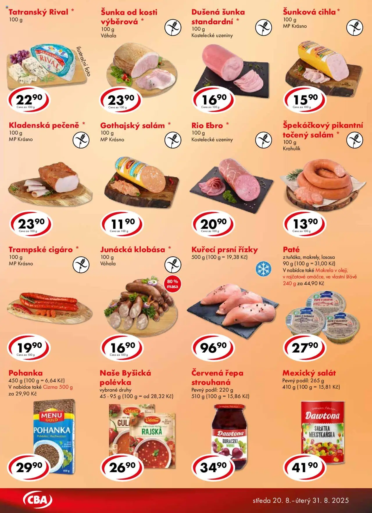 CBA leták od 20.08.2025 | Strana: 3 | Produkty: Klobása, Pohanka, Gothajský salám, Cizrna
