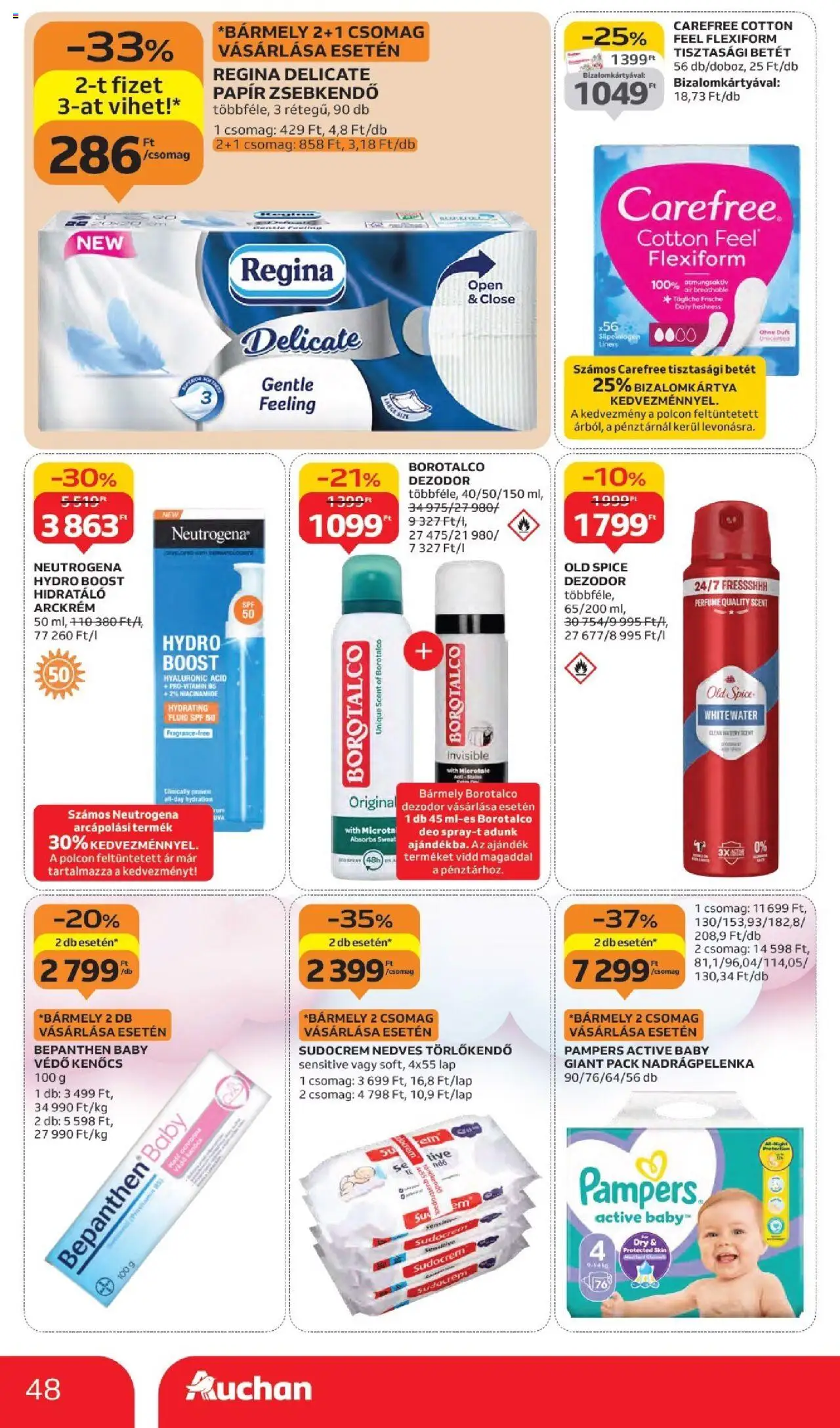 Auchan akciós ujság - amely érvényes a következő dátumtól: 02.10.2025 | Oldal: 48 | Termékek: Pampers, Arckrém, Tisztasági betét, Nedves törlőkendő