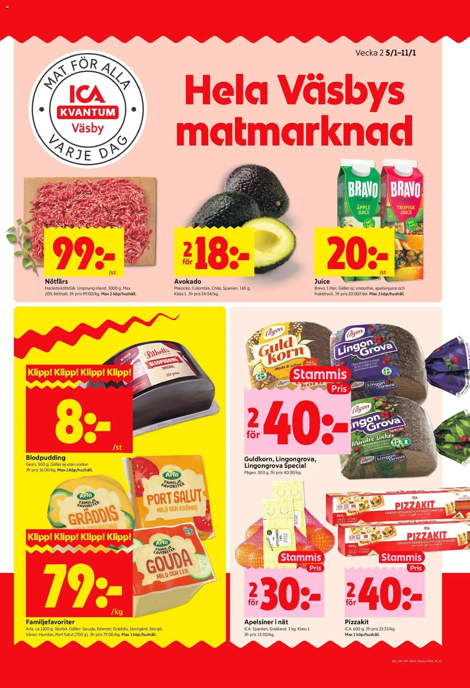 ICA Kvantum reklamblad aktuell från 05.01.2026 | Sida: 1 | Produkter: Lingongrova, Nötfärs, Galler, Apelsiner