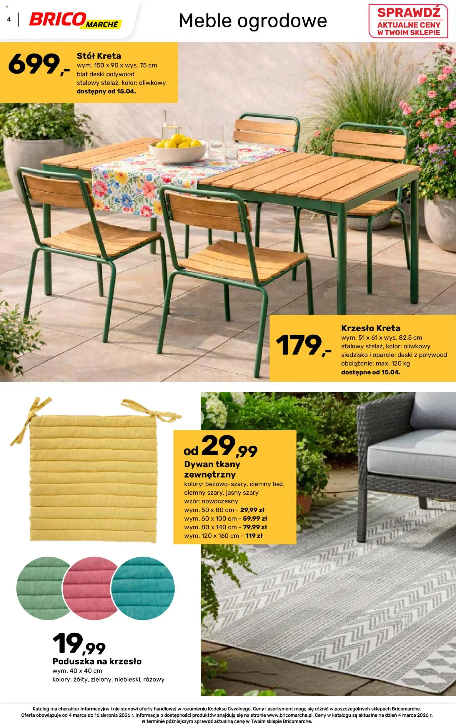 Brico Marché gazetka - Wiosna od 04.03.2026 | Strona: 4 | Produkty: Poduszka, Stół, Krzesło, Meble ogrodowe