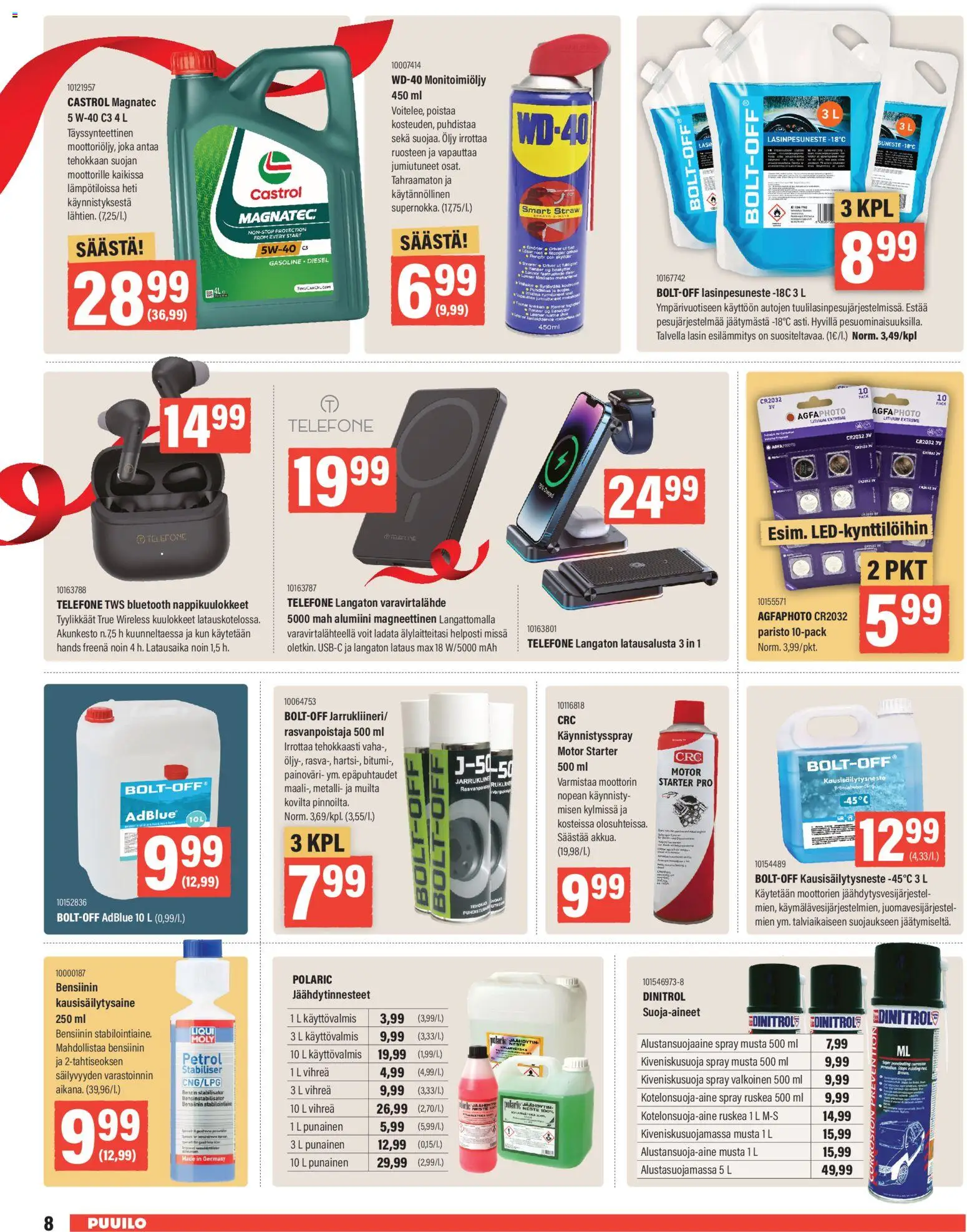 Puuilo tarjoukset – voimassa 24.11.2025 alkaen | Sivu: 8 | Tuotteet: Varavirtalähde, Öljy, Lasinpesuneste, Kuulokkeet