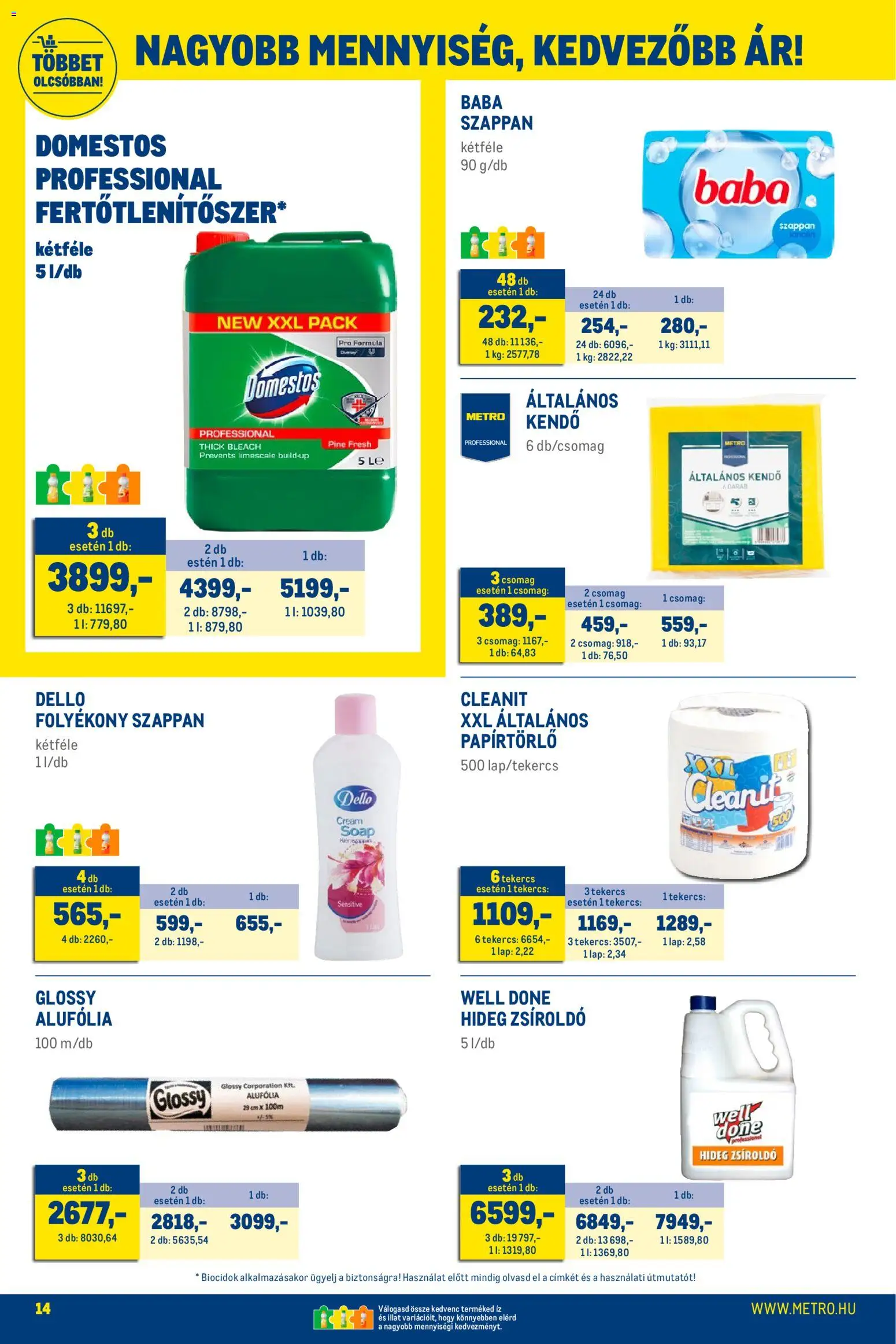 Metro akciós ujság - amely érvényes a következő dátumtól: 02.01.2026 | Oldal: 14 | Termékek: Kendő, Papírtörlő, Folyékony szappan, Szappan