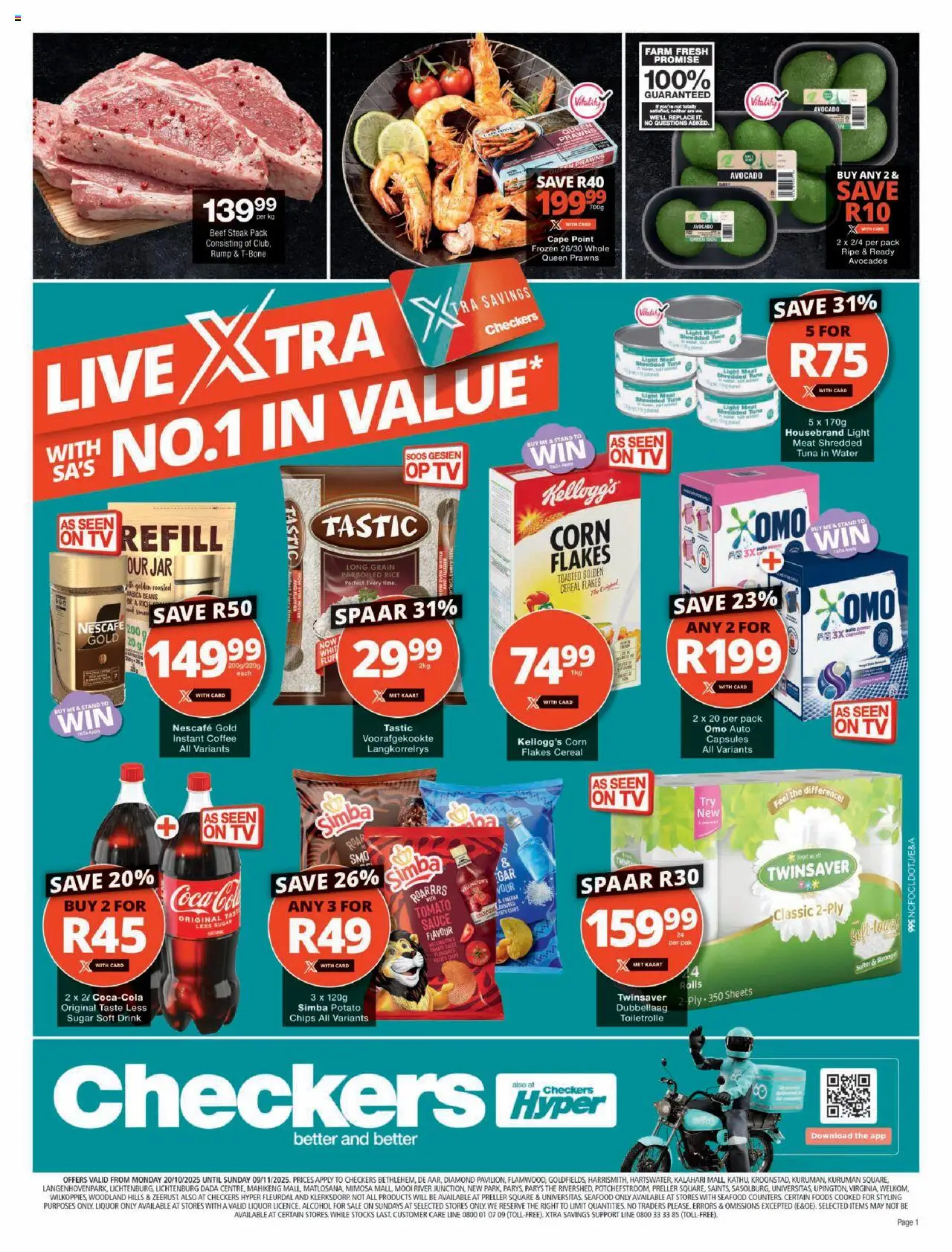New Checkers catalogue – valid from 20.10.2025 | Page: 1 | Products: Corn, TV, Steak, Water
