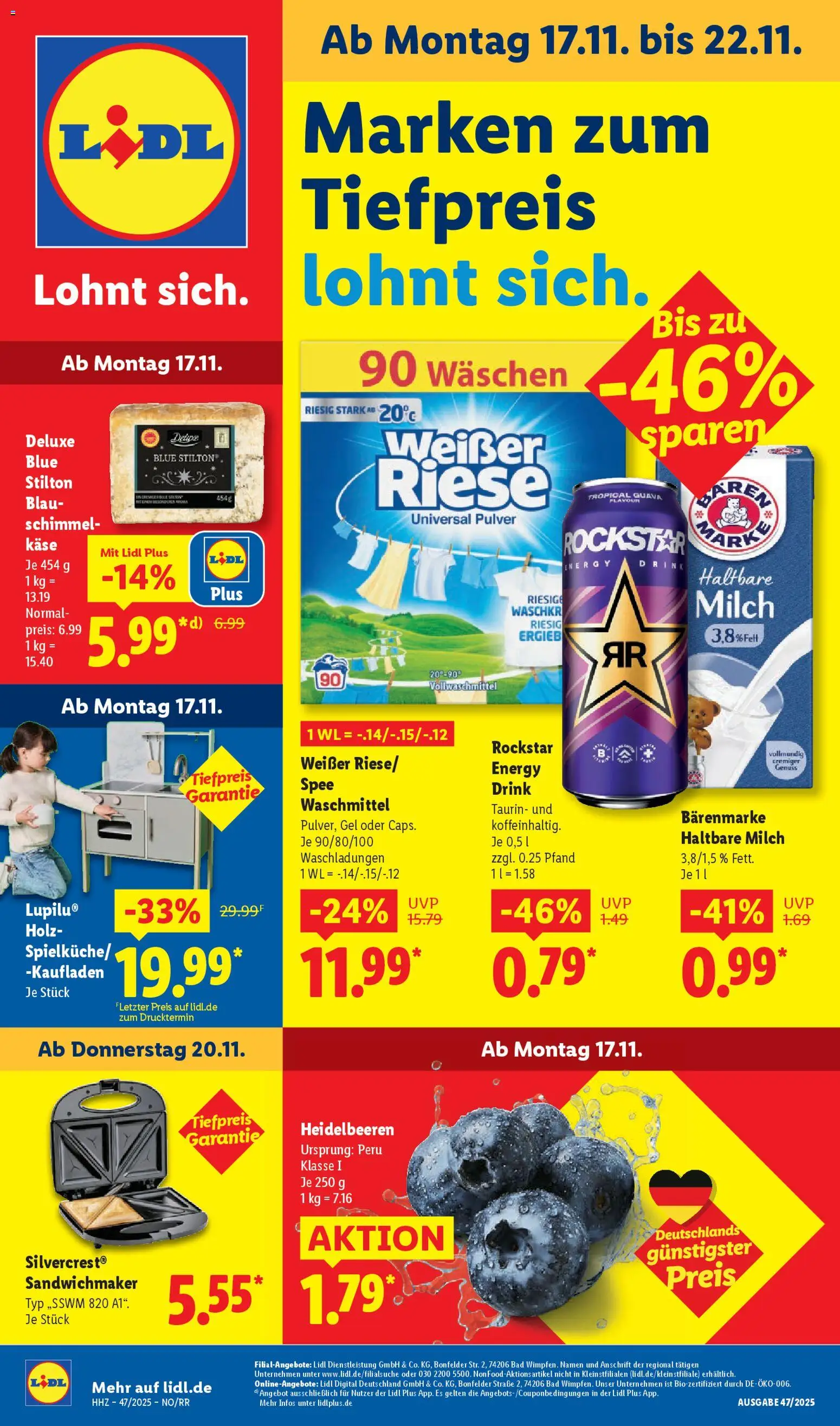 Lidl Prospekt Bestwig – gültig ab 17.11.2025 | Seite: 1 | Produkte: Sandwichmaker, Haltbare milch, Spee, Waschmittel