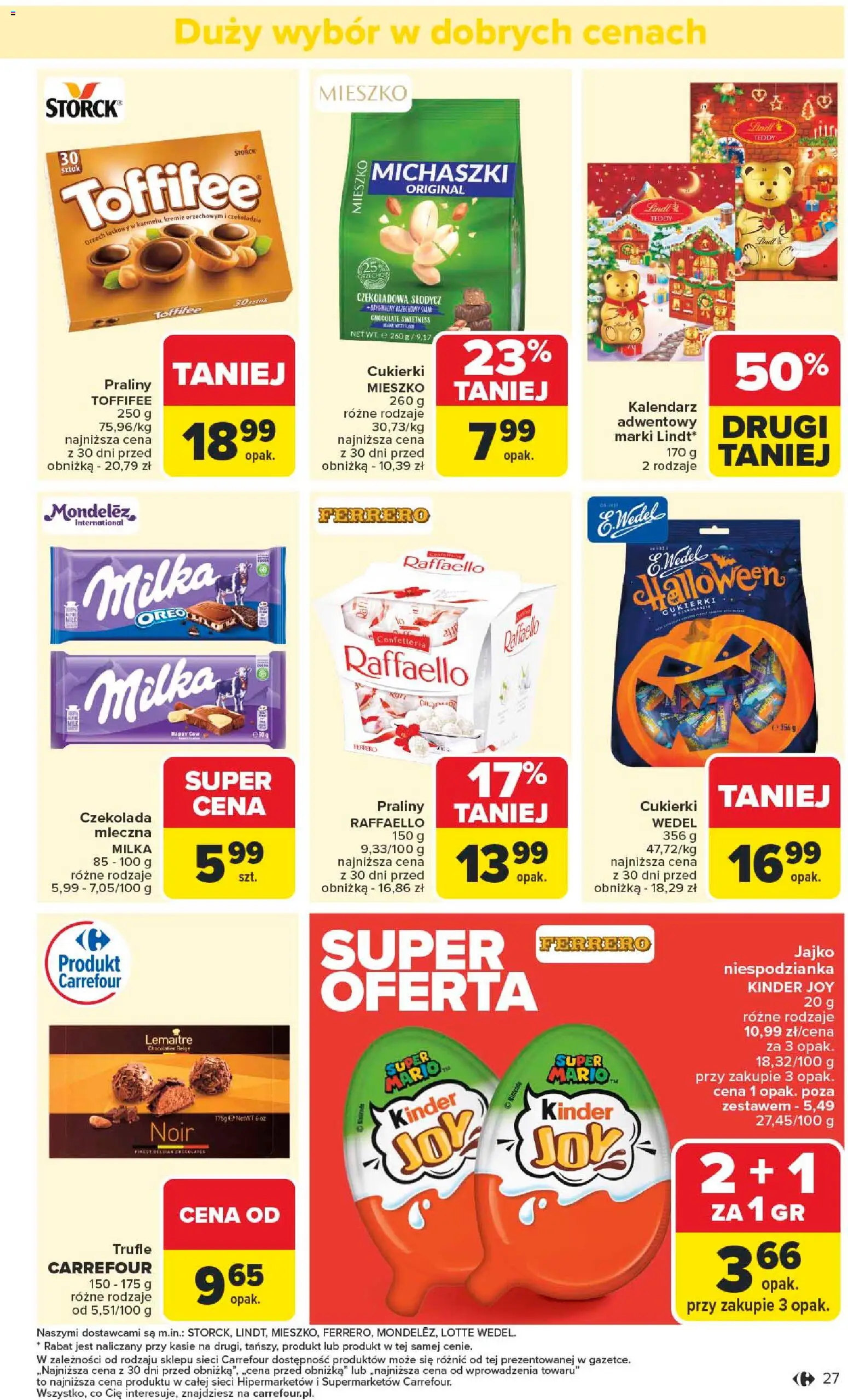 Carrefour Gazetka - Starachowice Zmieniliśmy się dla Ciebie od 27.10.2025 | Strona: 29 | Produkty: Praliny, Kalendarz, Kinder Joy, Milka