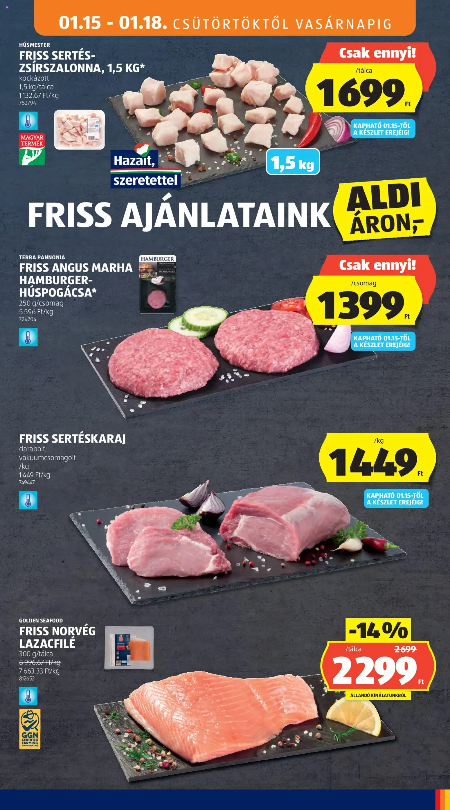 Aldi akciós ujság - amely érvényes a következő dátumtól: 15.01.2026 | Oldal: 9 | Termékek: Hamburger, Sertéskaraj, Lazacfilé