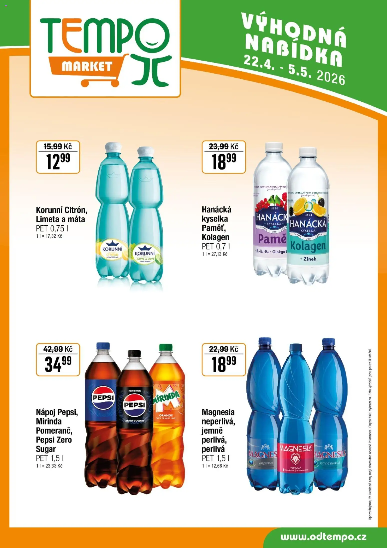 Tempo leták od 22.04.2026 | Strana: 12 | Produkty: Hanácká kyselka, Voda, Pepsi, Pepsi Zero