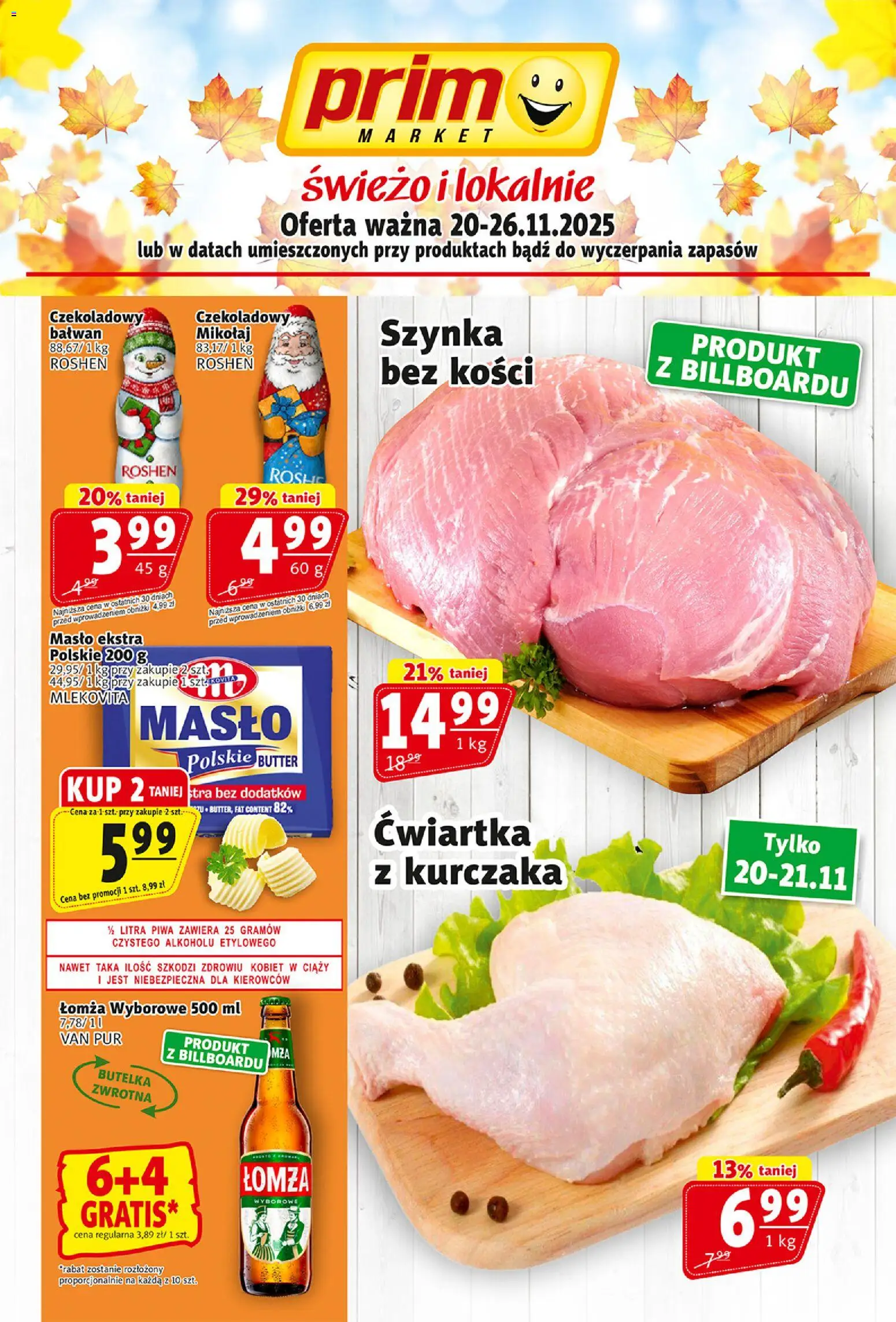 Prim Market Gazetka od 20.11.2025 | Strona: 1 | Produkty: Szynka, Masło, Ćwiartka z kurczaka