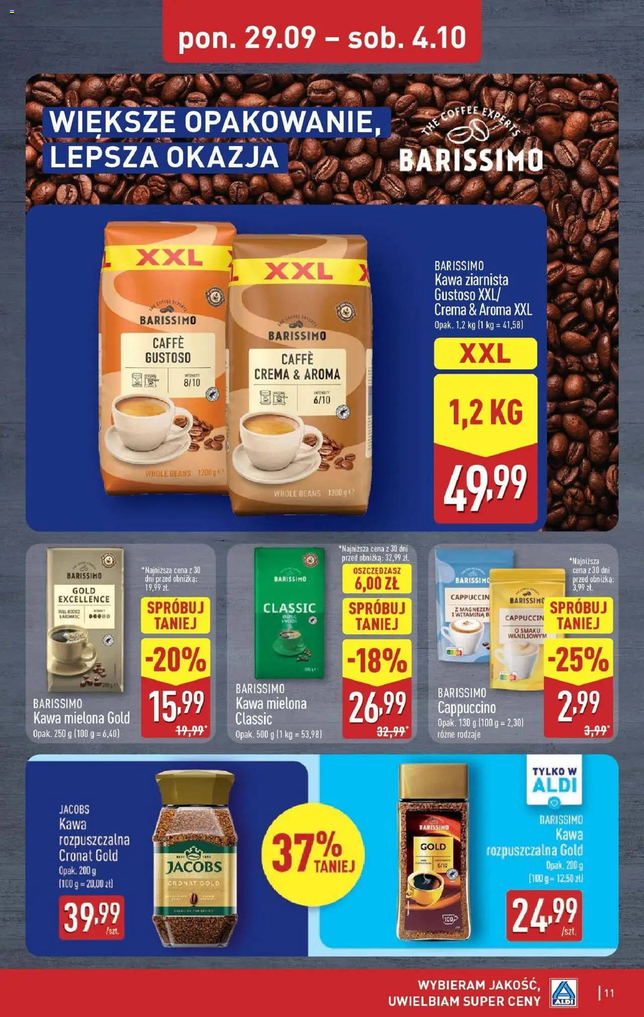 Aldi Gazetka od 29.09.2025 | Strona: 11 | Produkty: Kawa ziarnista, Cappuccino, Kawa