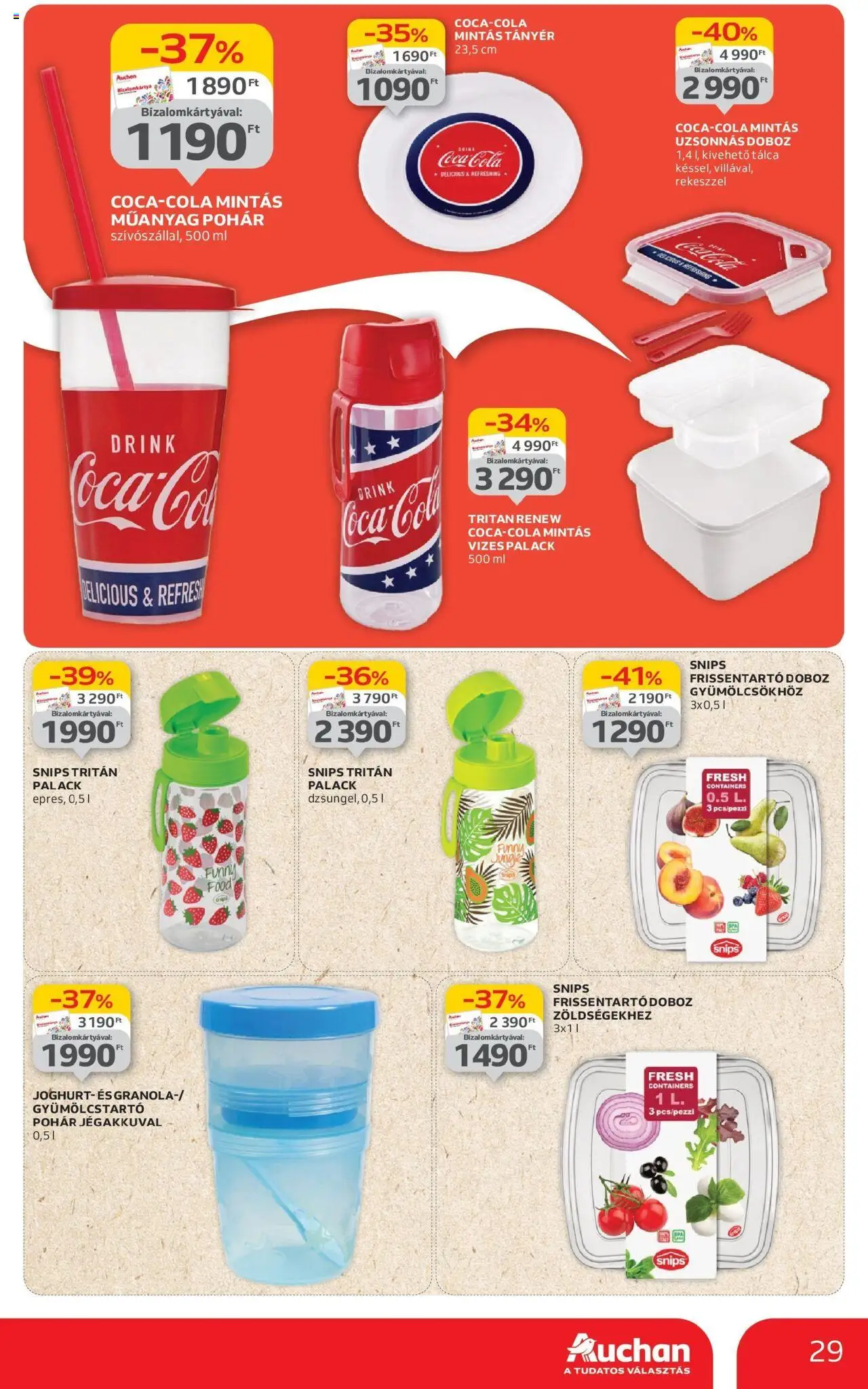 Auchan akciós ujság - amely érvényes a következő dátumtól: 12.06.2025 | Oldal: 29 | Termékek: Coca Cola, Cola, Tányér, Pohár