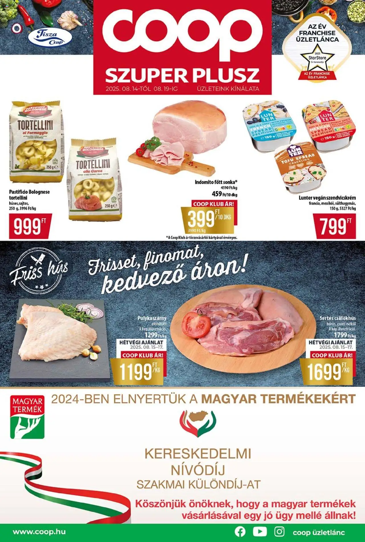 COOP akciós ujság - amely érvényes a következő dátumtól: 14.08.2025 | Oldal: 1 | Termékek: Szendvicskrém, Tofu, Tortellini, Vegán