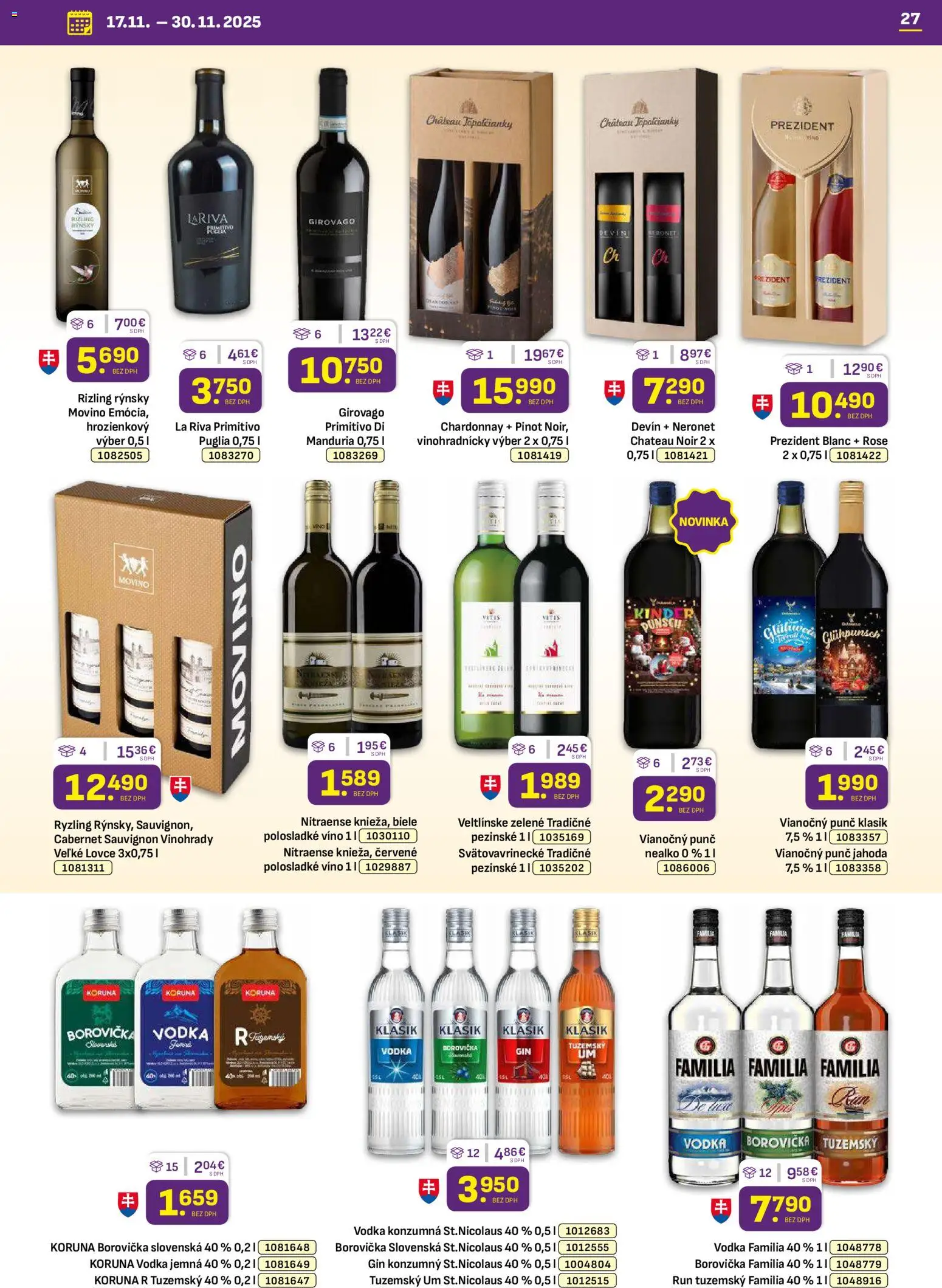Nové Libex akcie – leták je platný od 17.11.2025 | Strana: 27 | Produkty: Víno, Borovička, Gin, Vodka