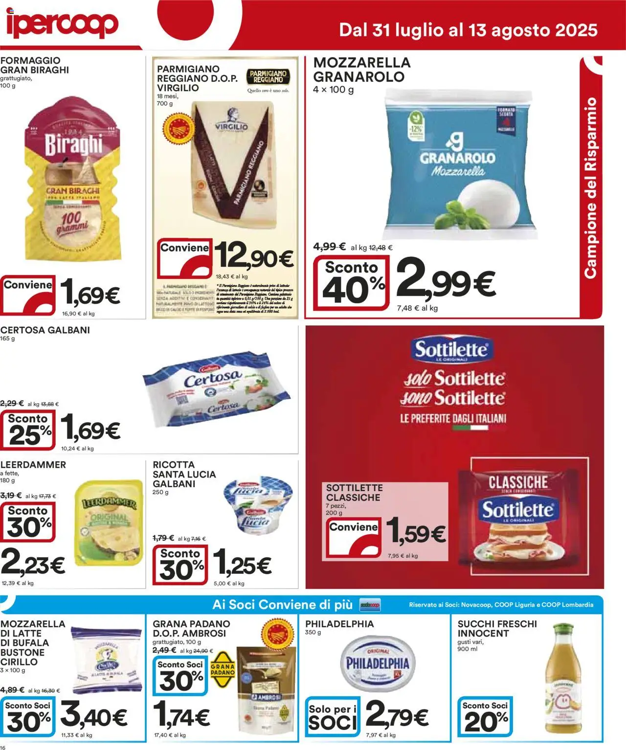 Volantino Ipercoop del 31.07.2025 | Pagina: 16 | Prodotti: Mozzarella, Latte, Ricotta, Parmigiano