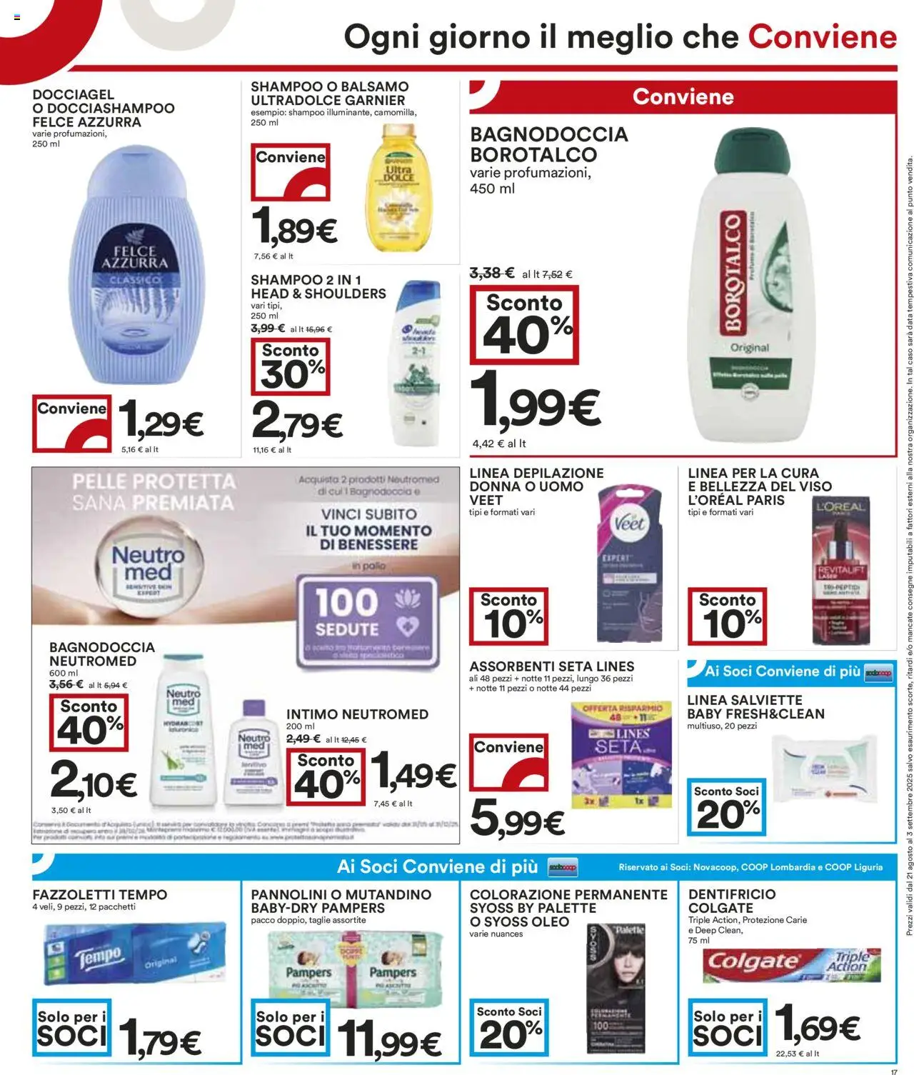 Volantino COOP del 21.08.2025 | Pagina: 17 | Prodotti: Shampoo, Balsamo, Pannolini, Fazzoletti