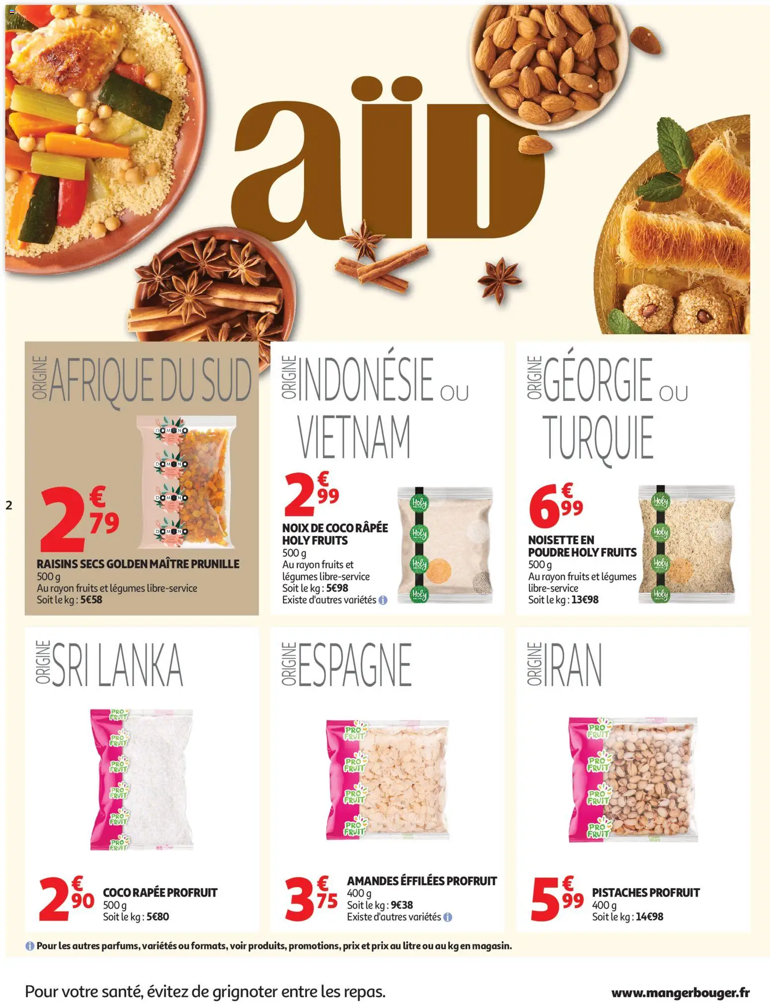 {H1} | Page: 2 | Produits: Raisins secs, Noix de coco, Poudre, Noix