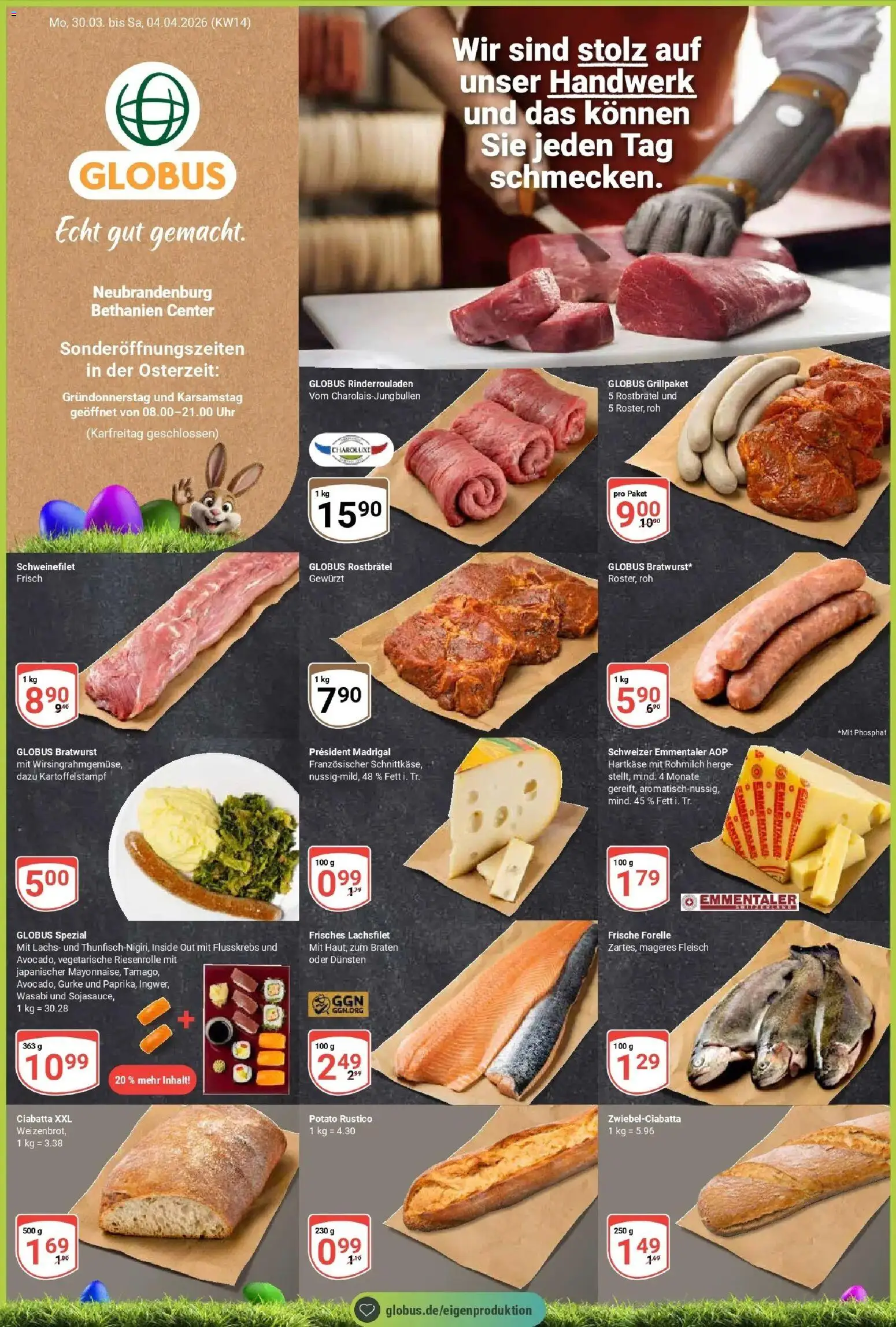 Globus prospekt Neubrandenburg	 – gültig ab 30.03.2026 | Seite: 1 | Produkte: Rinderrouladen, Bratwurst, Schweinefilet, Uhr