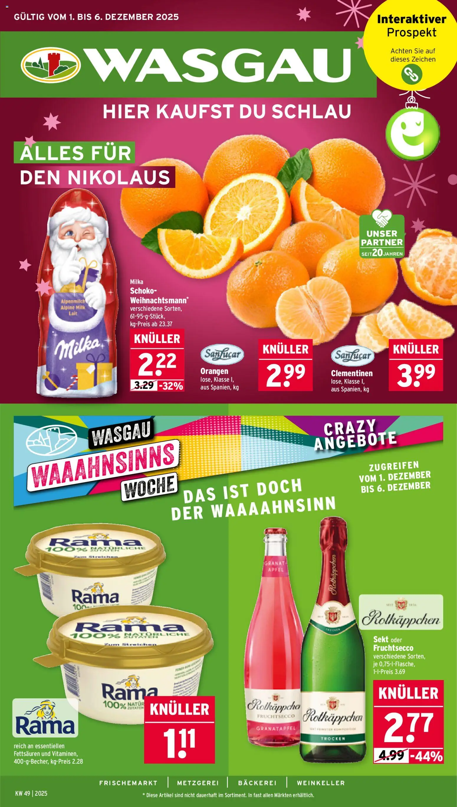 Wasgau Prospekt 	 – gültig ab 01.12.2025 | Seite: 1 | Produkte: Äpfel, Orangen, Fruchtsecco, Rotkäppchen