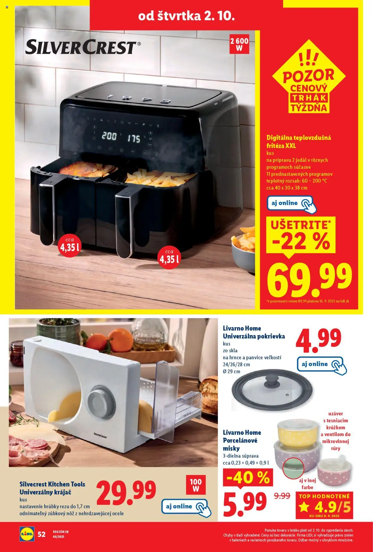Nové Lidl akcie – leták je platný od 29.09.2025 | Strana: 82 | Produkty: Fritéza, Teplovzdušná frítéza, Krájač
