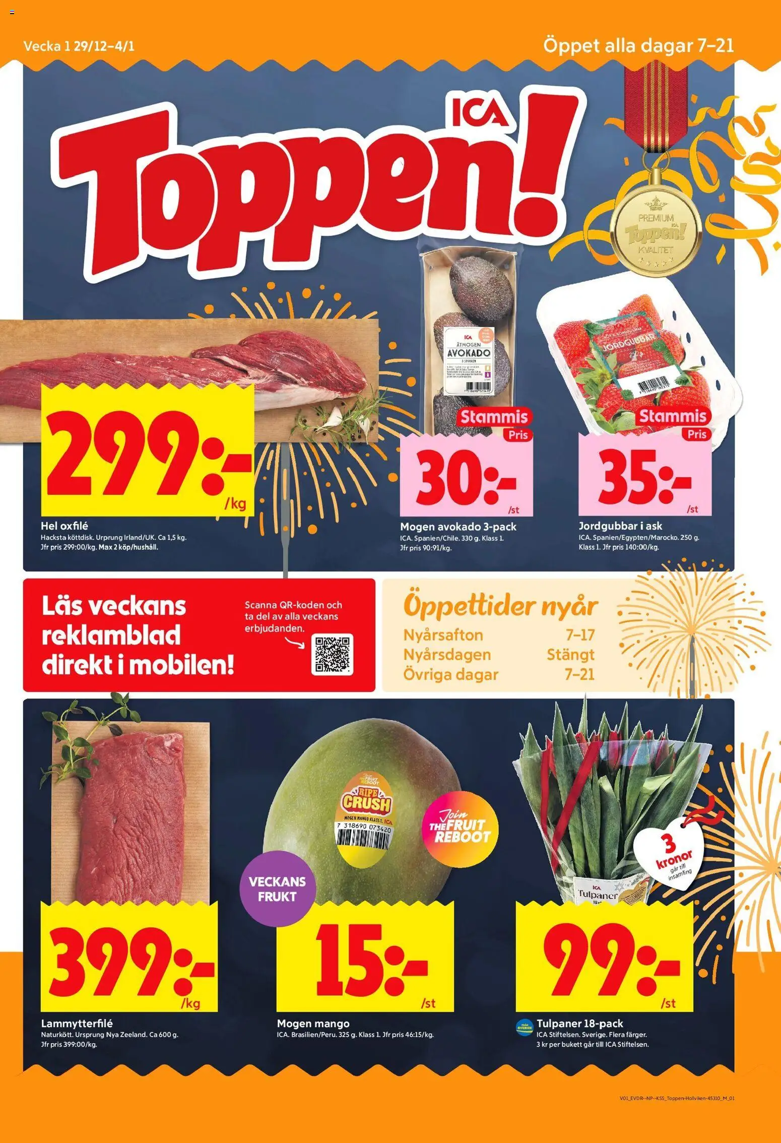 ICA Kvantum reklamblad aktuell från 30.12.2025 | Sida: 1 | Produkter: Oxfilé, Jordgubbar, Mango