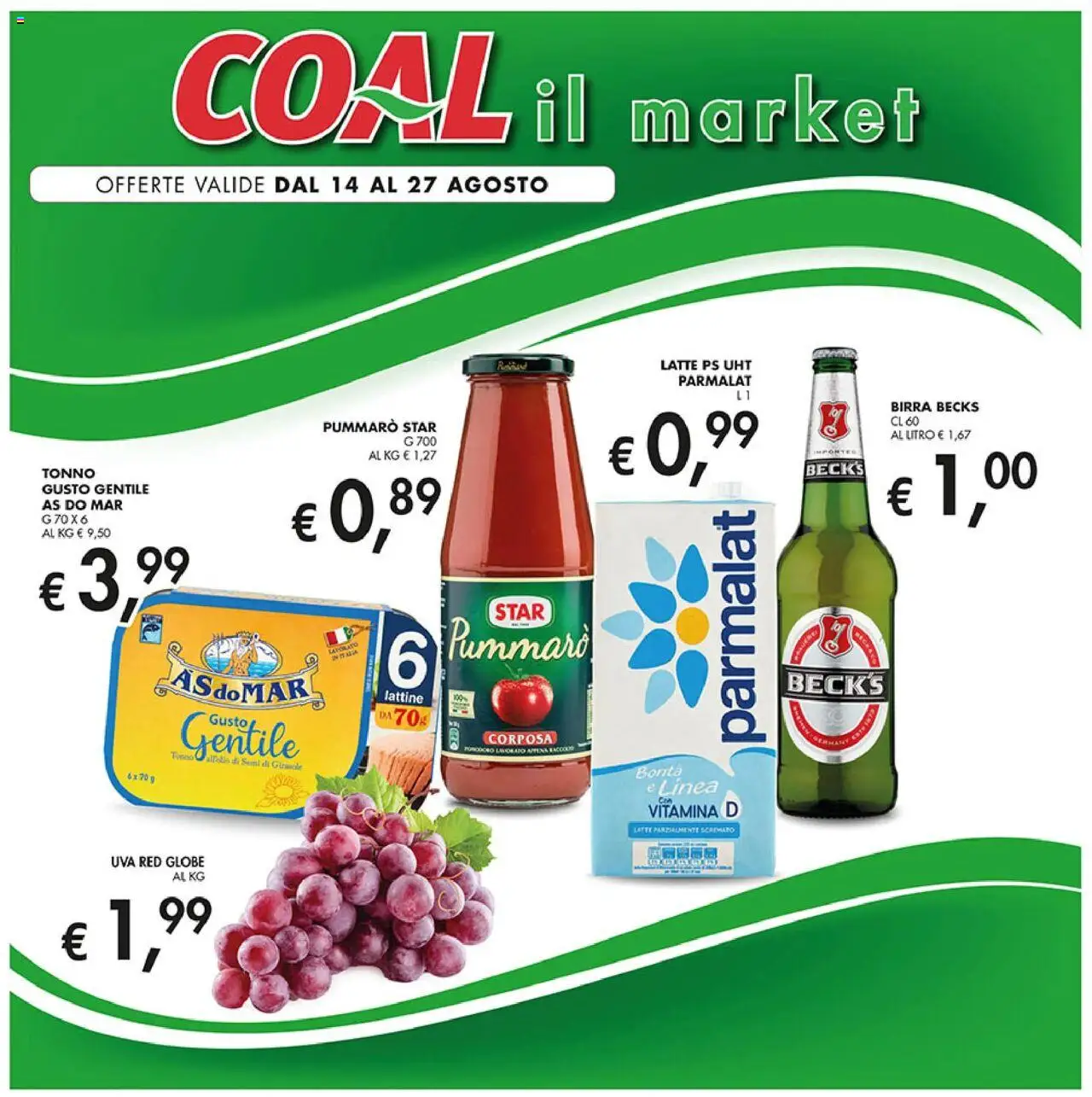 Volantino Coal del 14.08.2025 | Pagina: 1 | Prodotti: Birra, Latte, Uva, Tonno