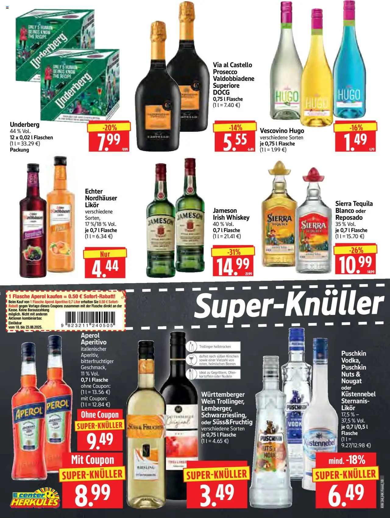 HERKULES Prospekt 	 - gültig ab dem 18.08.2025 | Seite: 18 | Produkte: Prosecco, Aperol, Nudeln, Hugo