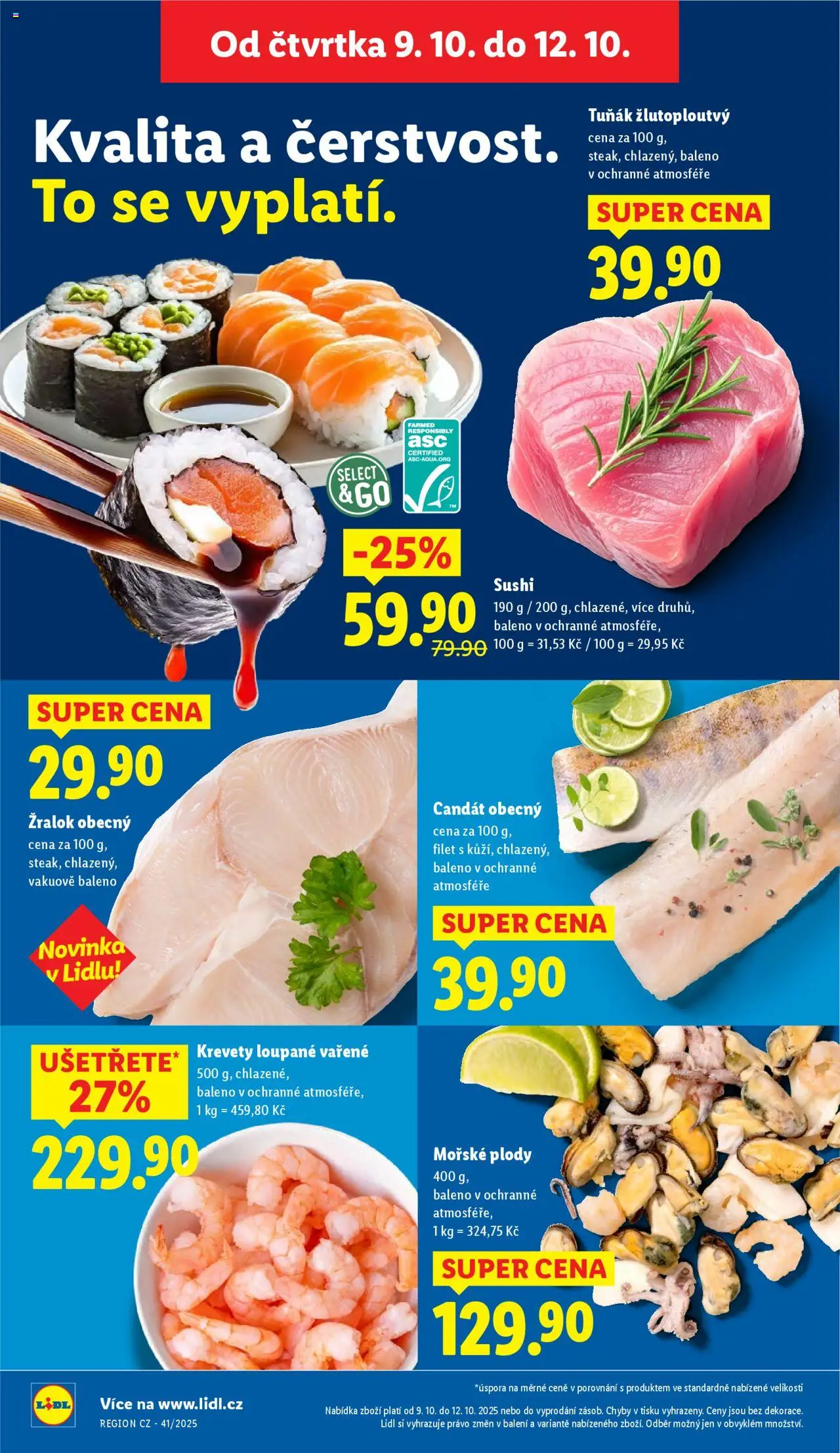 Lidl leták od 09.10.2025 | Strana: 10 | Produkty: Tuňák, Sushi, Filet, Krevety