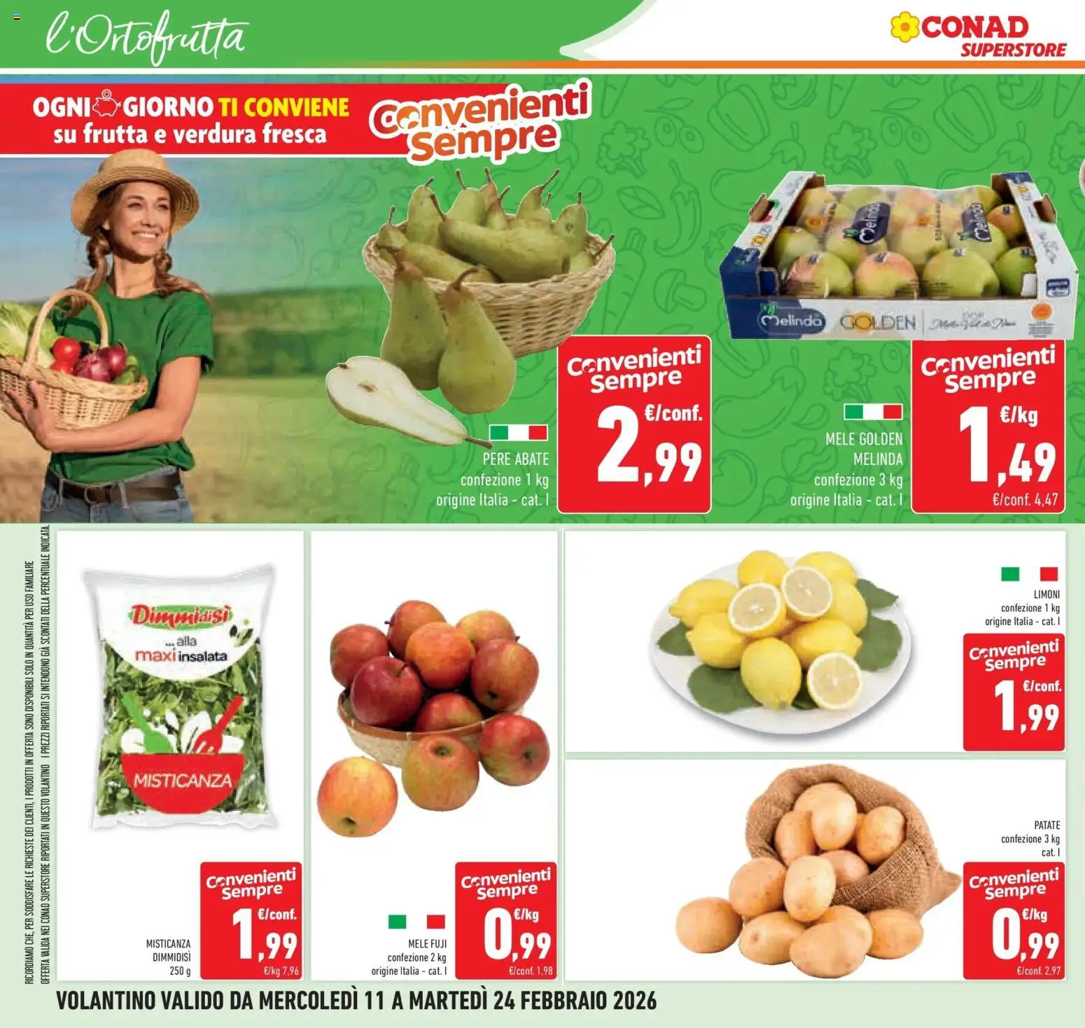 Volantino Conad del 11.02.2026 | Pagina: 12 | Prodotti: Misticanza, Mele, Insalata, Frutta