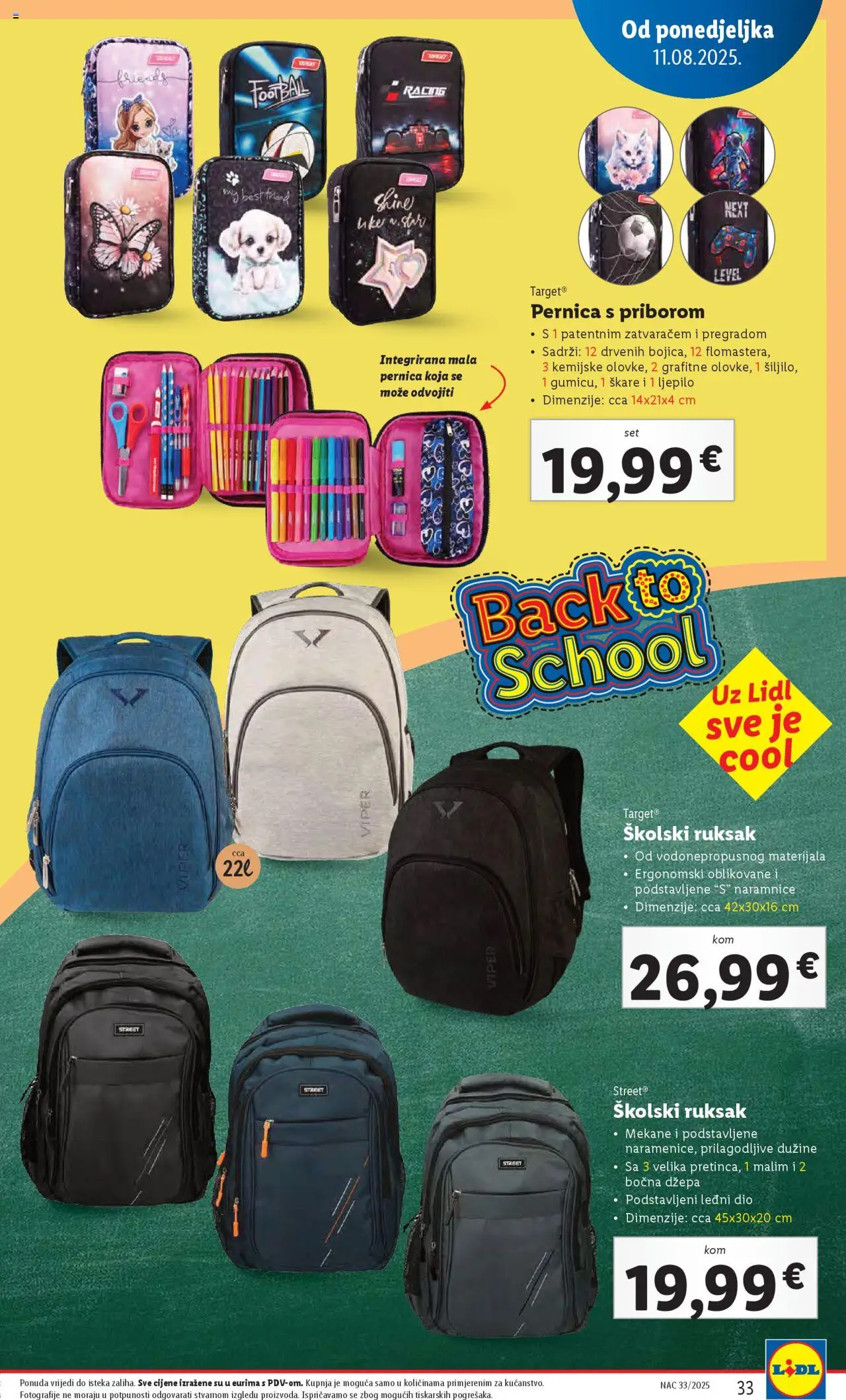 Lidl katalog | vrijedi od 11.08.2025 | Stranica: 33 | Proizvodi: Čaše, Ruksak, Škare, Ljepilo