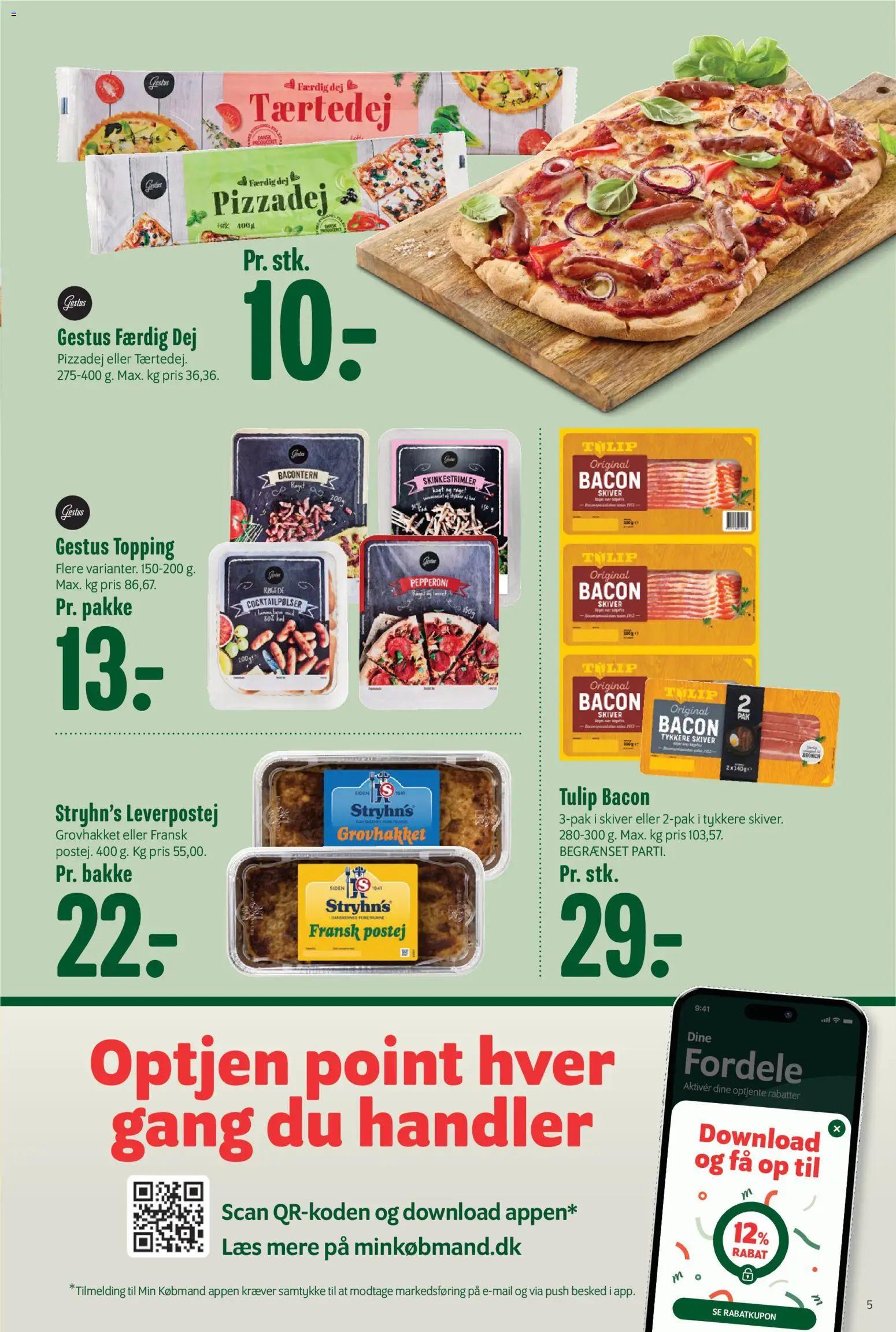Min Købmand tilbudsavis – gyldig fra 13.02.2026 | Side: 5 | Produkter: Cocktailpølser, Pizzadej, Leverpostej, Bacon