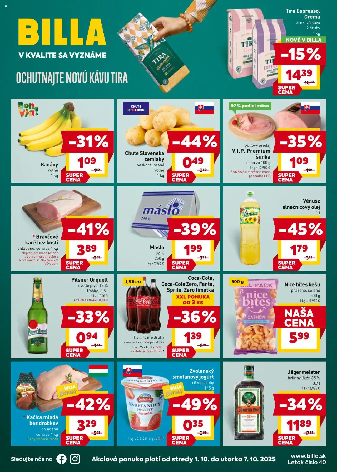 Nové Billa akcie – leták je platný od 01.10.2025 | Strana: 1 | Produkty: Jägermeister, Pilsner Urquell, Banány, Zemiaky