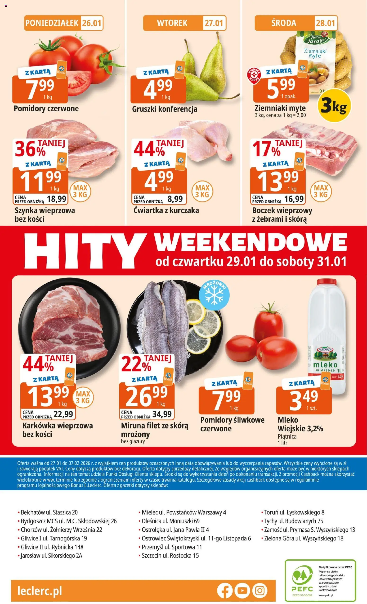 E.Leclerc Gazetka - Zielona Góra od 27.01.2026 | Strona: 24 | Produkty: Karkówka wieprzowa, Miruna, Pomidory, Ćwiartka z kurczaka