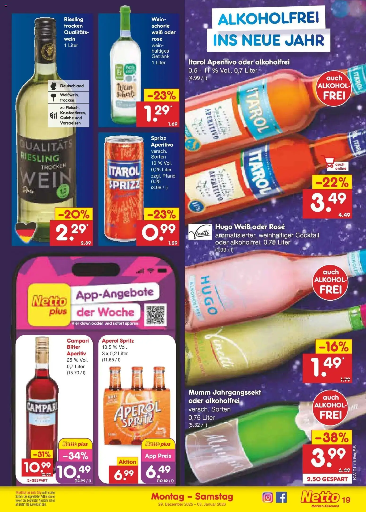 Netto Marken-Discount prospekt Bad Friedrichshall	 – gültig ab 28.12.2025 | Seite: 19 | Produkte: Campari, Aperol, Wein, Hugo