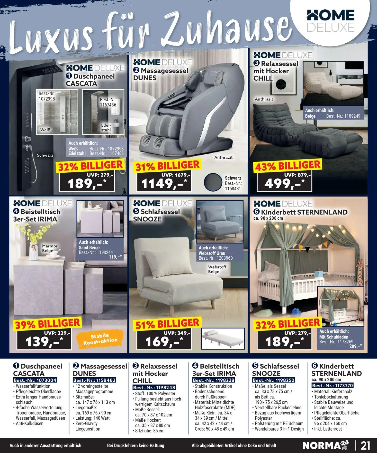 Norma Bestellmagazin November 2025 – gültig ab 01.11.2025 | Seite: 21 | Produkte: Relaxsessel, Bett, Lattenrost, Sessel