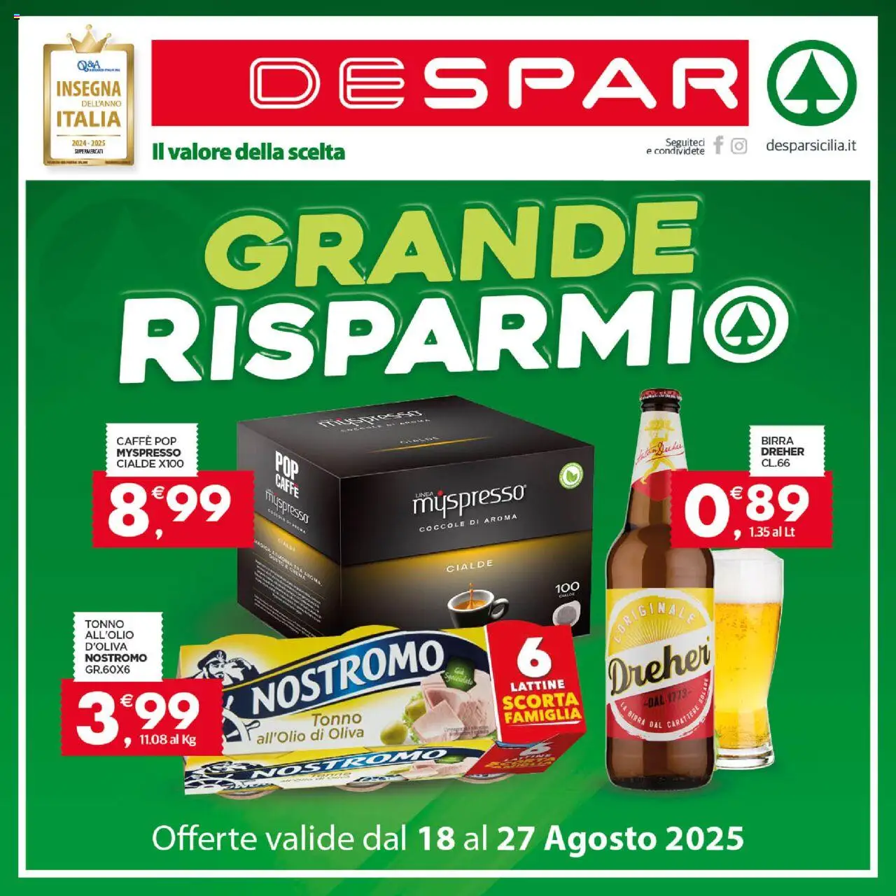 Volantino Despar del 24.08.2025 | Pagina: 1 | Prodotti: Caffè, Birra, Tonno