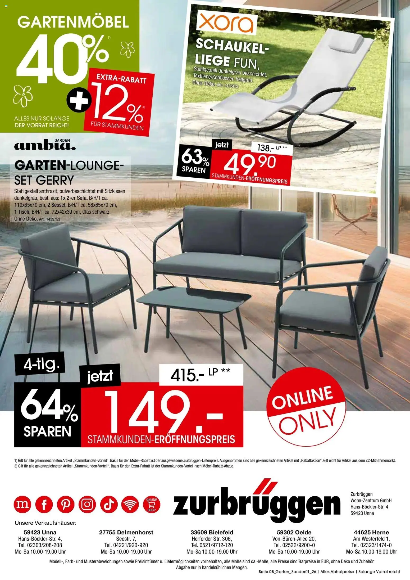 Zurbrüggen Prospekt Garten Eröffnungs-Preise – gültig ab 31.03.2026 | Seite: 8 | Produkte: Liege, Gartenmöbel, Uhr