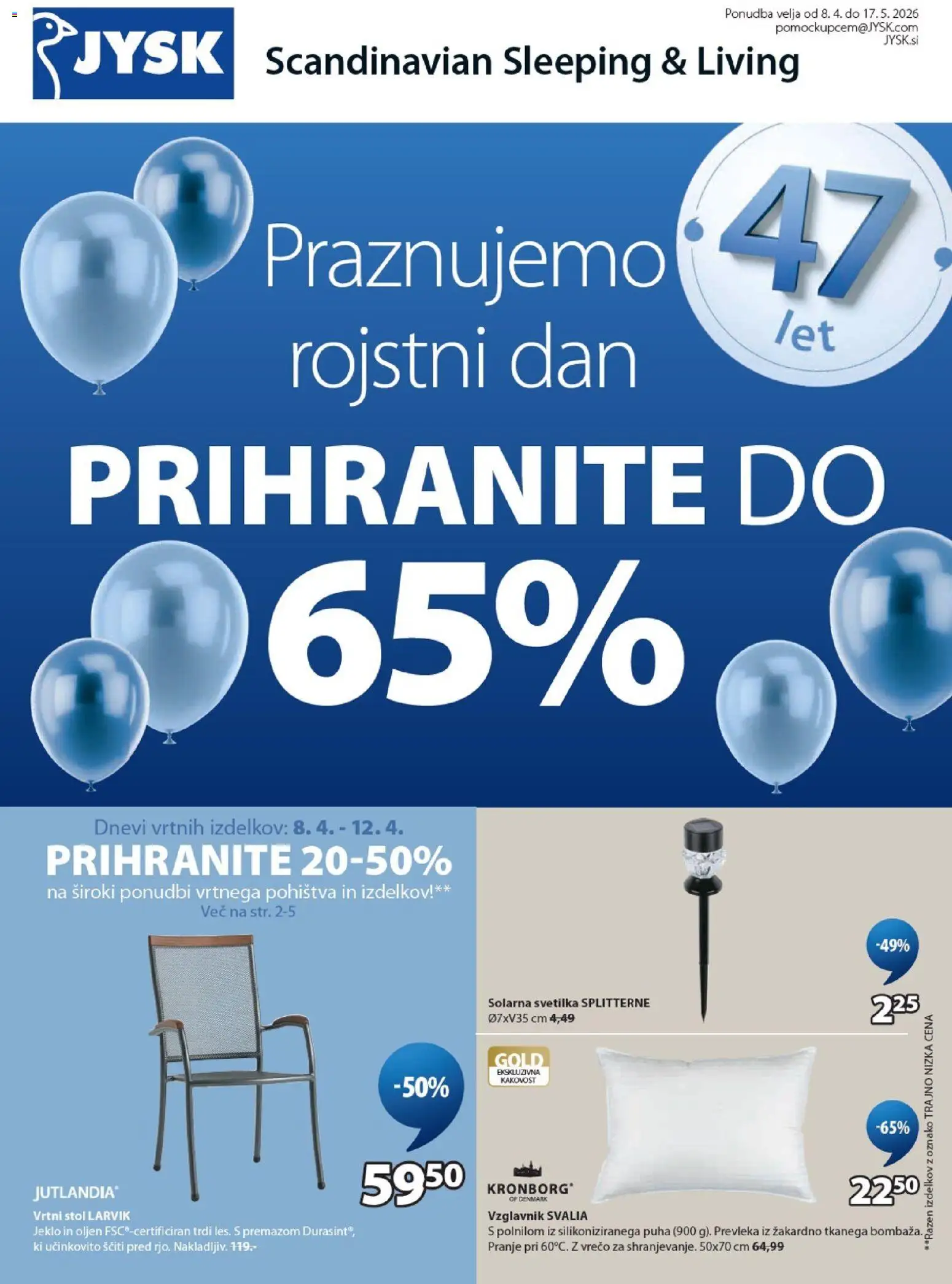 Novi JYSK katalog ponudbe – veljaven od 08.04.2026 | Stran: 1 | Izdelki: Solarna svetilka, Prevleka, Stol, Svetilka