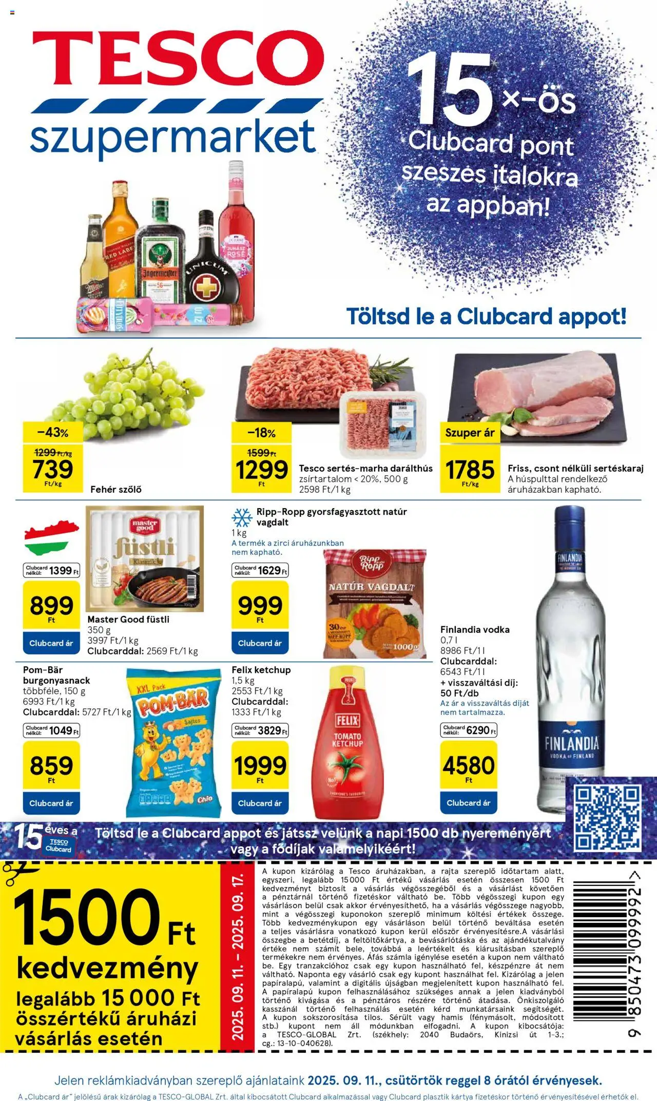 Tesco akciós ujság - amely érvényes a következő dátumtól: 11.09.2025 | Oldal: 1 | Termékek: Sertéskaraj, Juhász rosé, Ketchup, Vodka