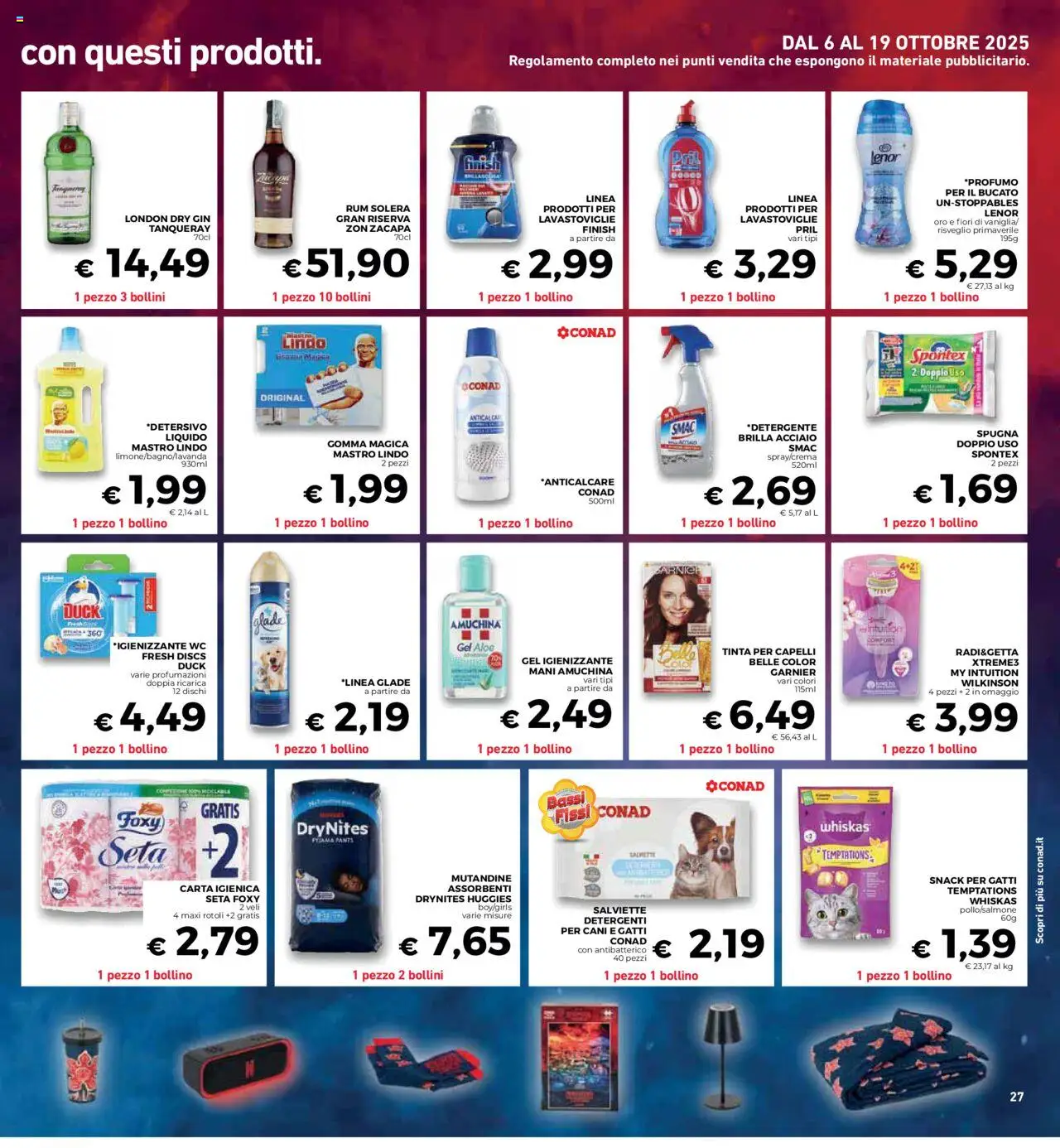 Volantino Conad del 08.10.2025 | Pagina: 27 | Prodotti: Carta igienica, Gin, Rum, Lavastoviglie