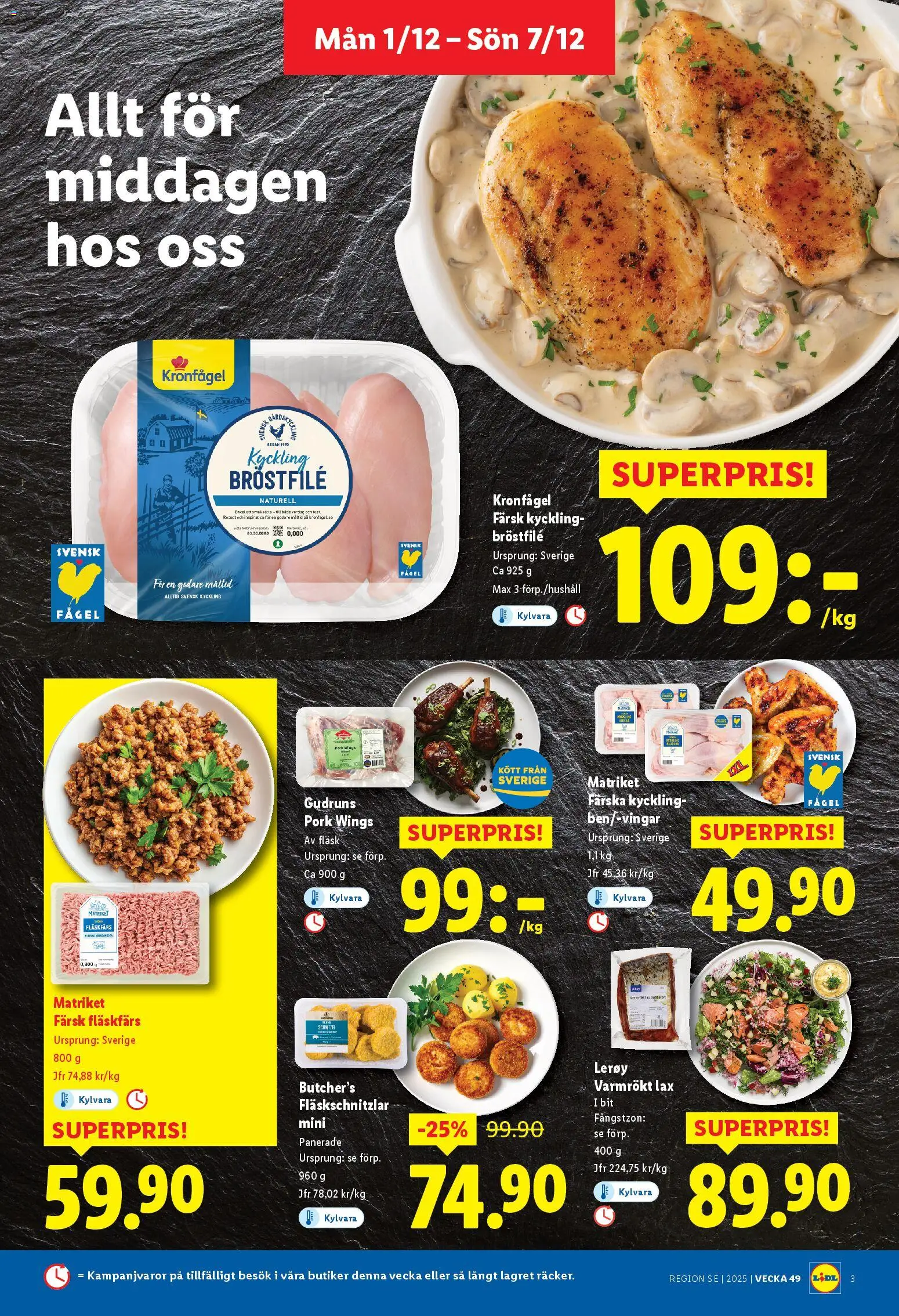 Lidl reklamblad aktuell från 01.12.2025 | Sida: 3 | Produkter: Lax, Fläsk