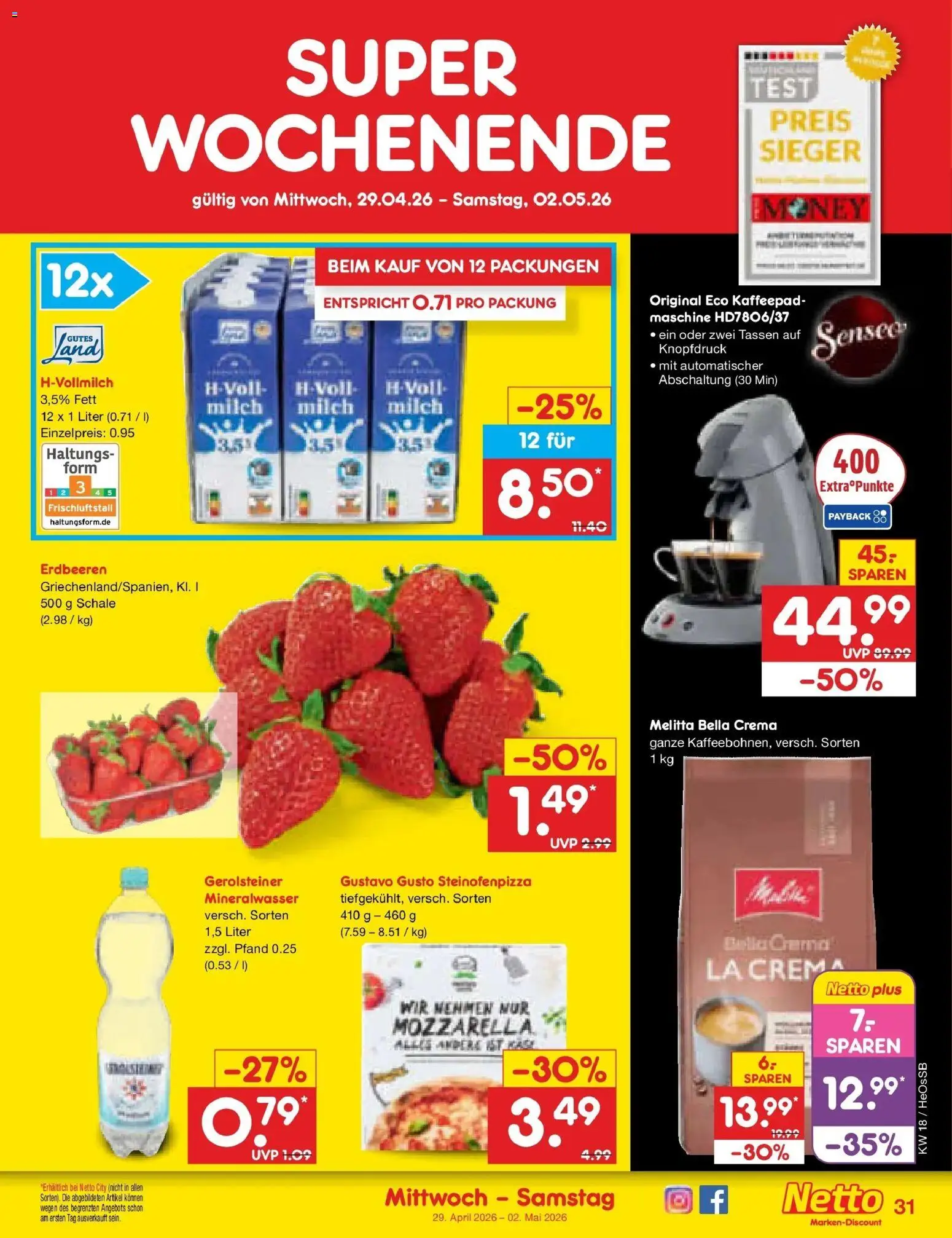 Netto Marken-Discount Prospekt Kröpelin	 – gültig ab 27.04.2026 | Seite: 39 | Produkte: Gustavo gusto, Melitta, Milch, Erdbeeren